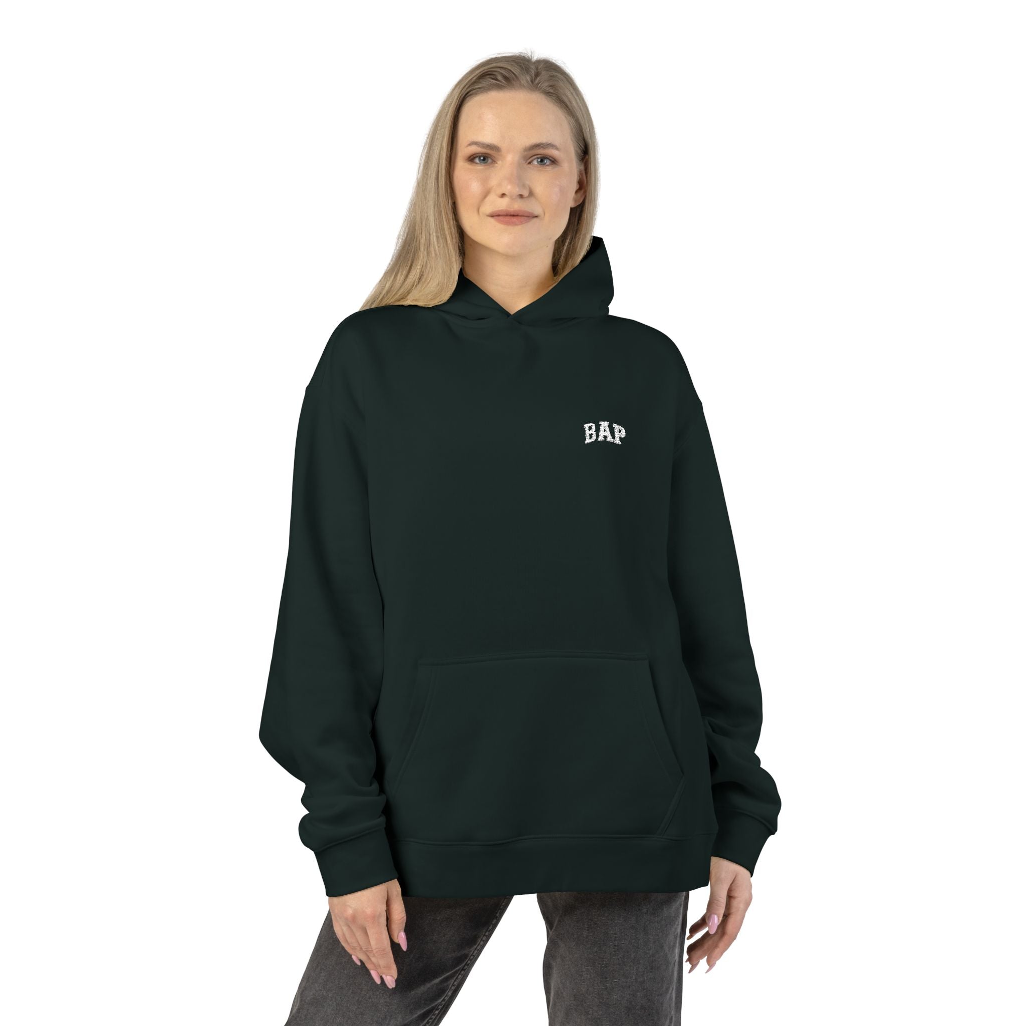 Minimal White "BAP" Relaxed Hoodie — Small Chest Logo Casual Pullover