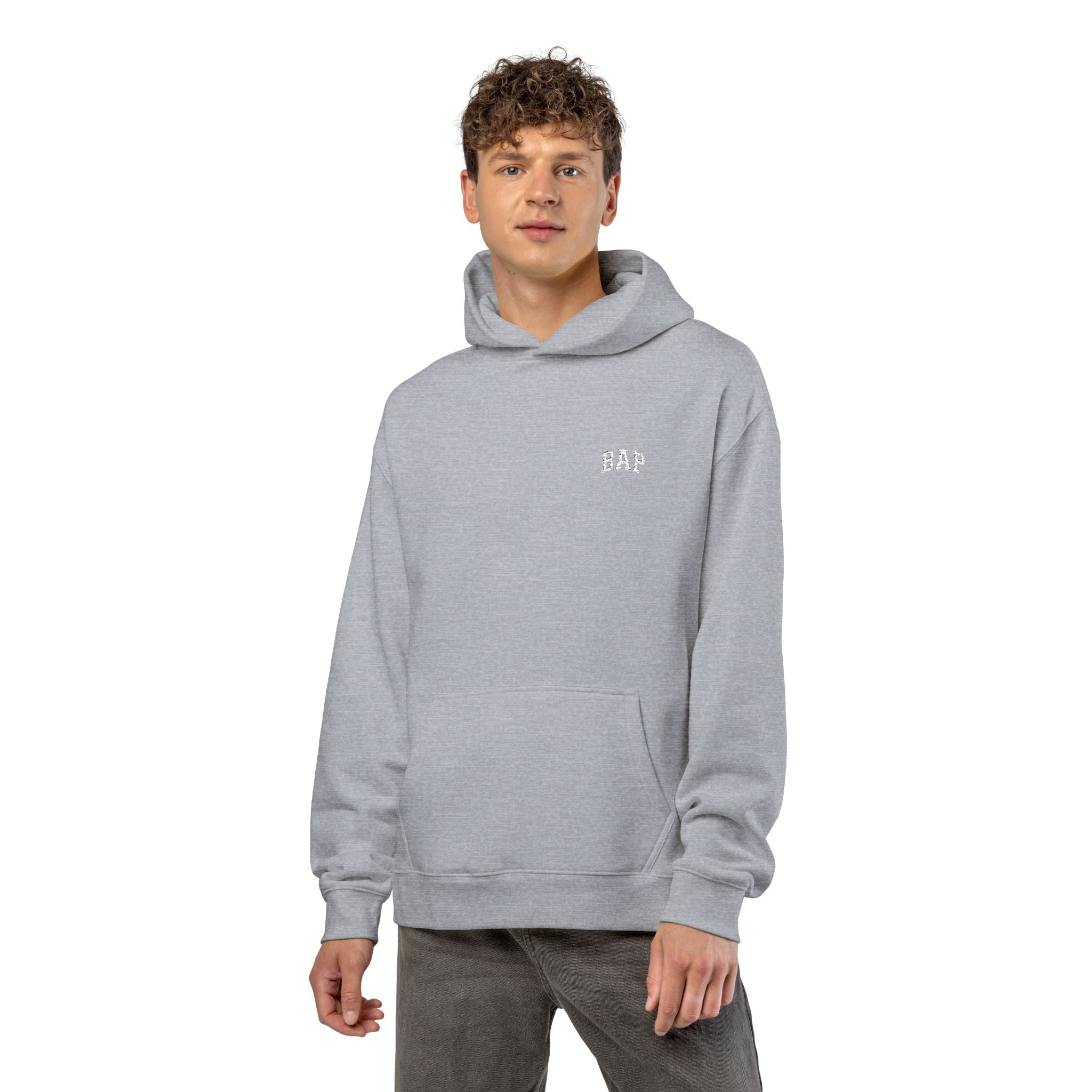 Minimal White "BAP" Relaxed Hoodie — Small Chest Logo Casual Pullover