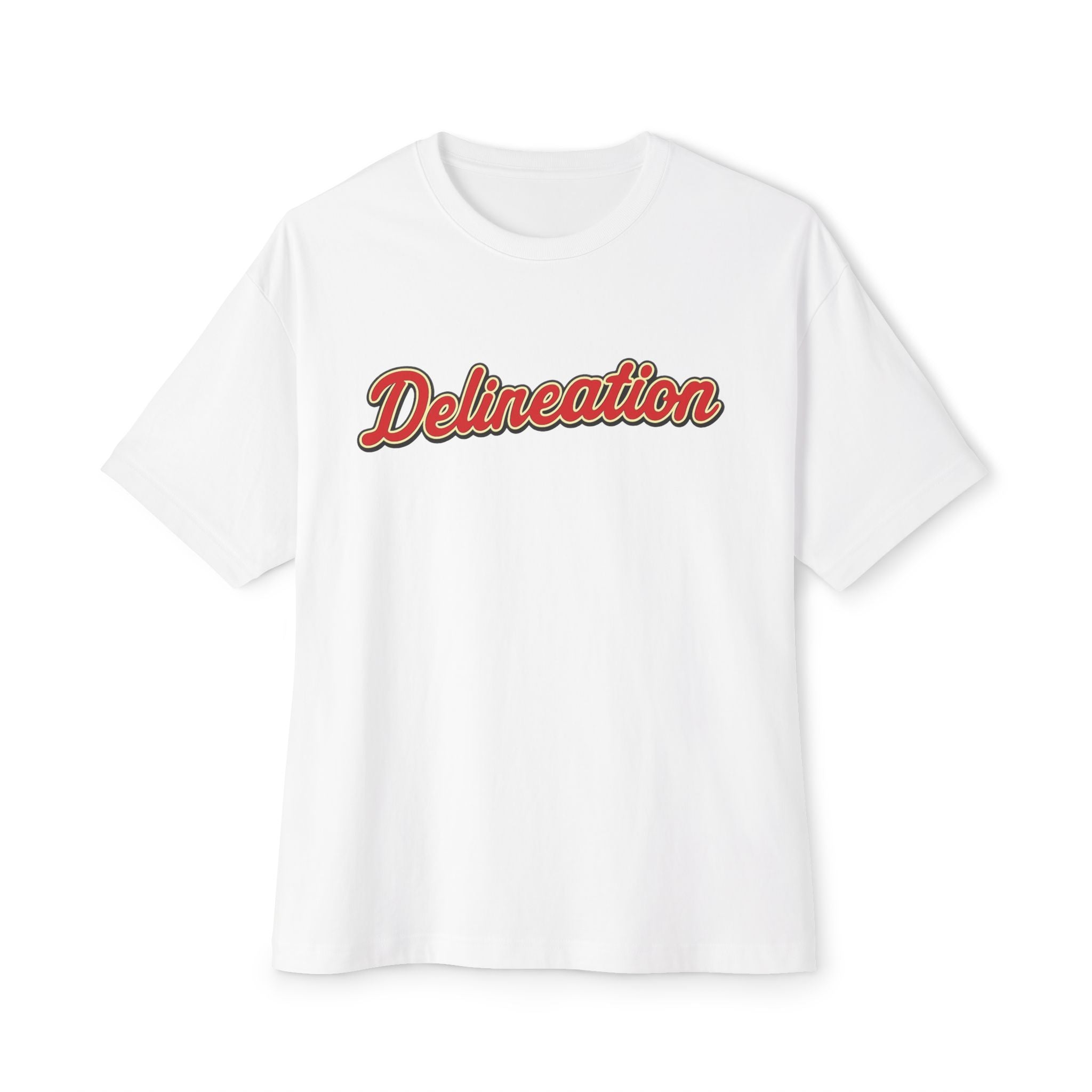 Delineation Retro Script Tee — Vintage Red & Gold Graphic T-Shirt