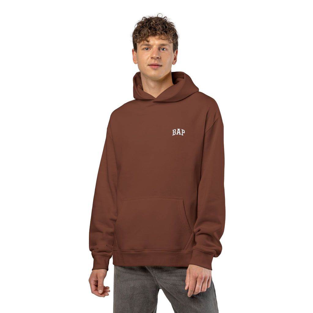 Minimal White "BAP" Relaxed Hoodie — Small Chest Logo Casual Pullover