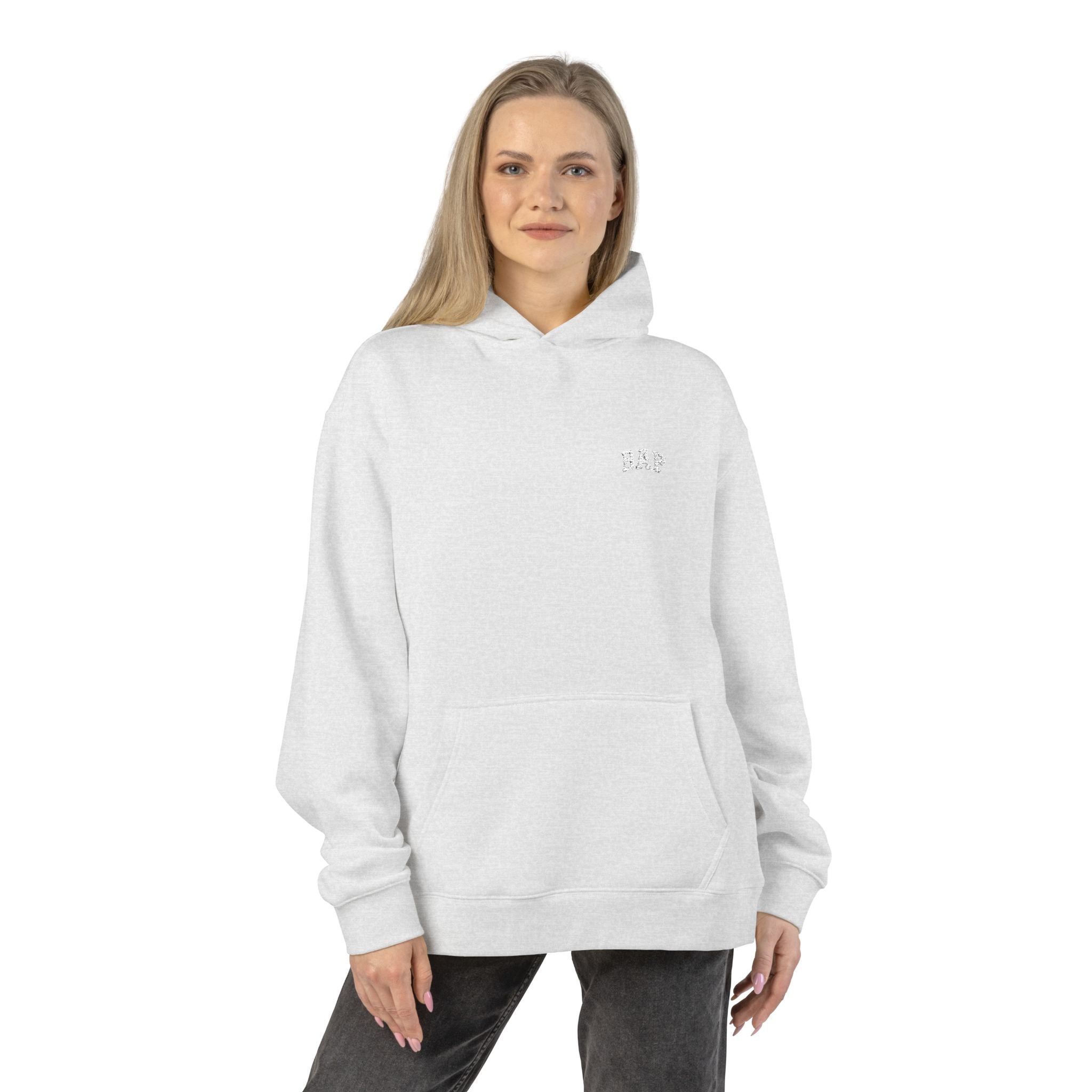 Minimal White "BAP" Relaxed Hoodie — Small Chest Logo Casual Pullover