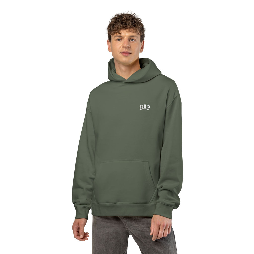 Minimal White "BAP" Relaxed Hoodie — Small Chest Logo Casual Pullover