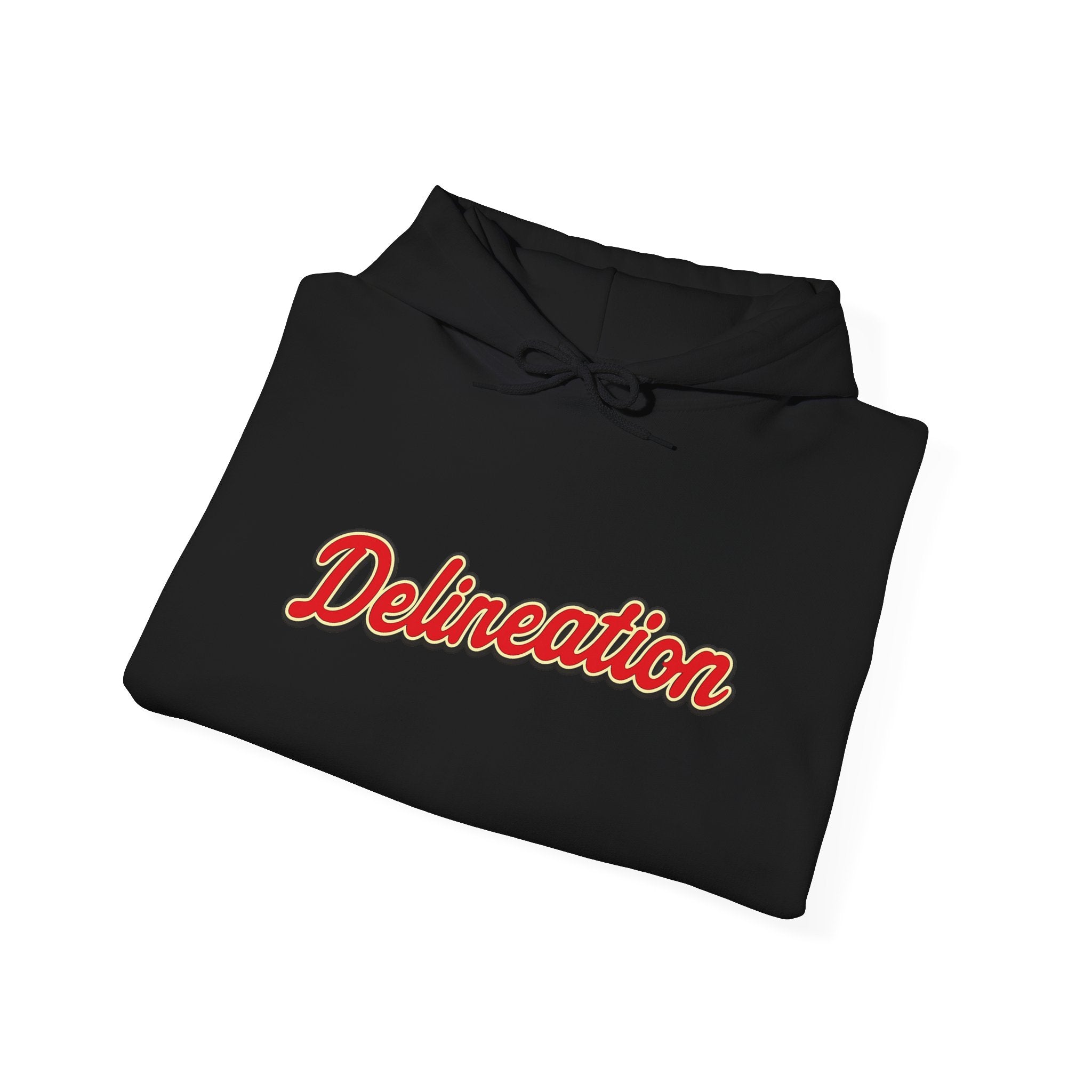 Delirеation Script Hoodie — Retro Red Cursive Graphic Hooded Sweatshirt