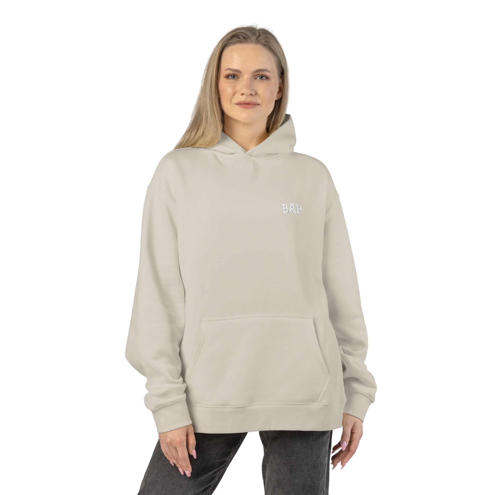 Minimal White "BAP" Relaxed Hoodie — Small Chest Logo Casual Pullover