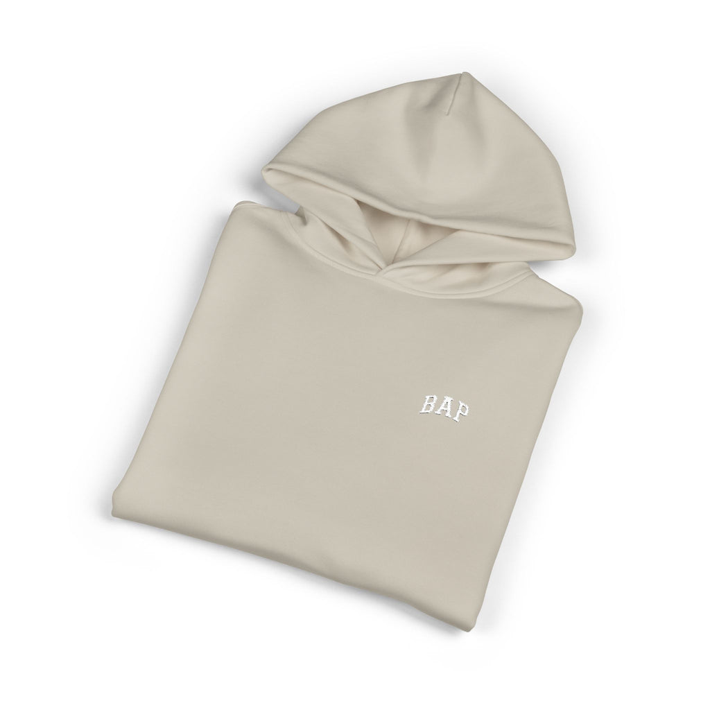 Minimal White "BAP" Relaxed Hoodie — Small Chest Logo Casual Pullover