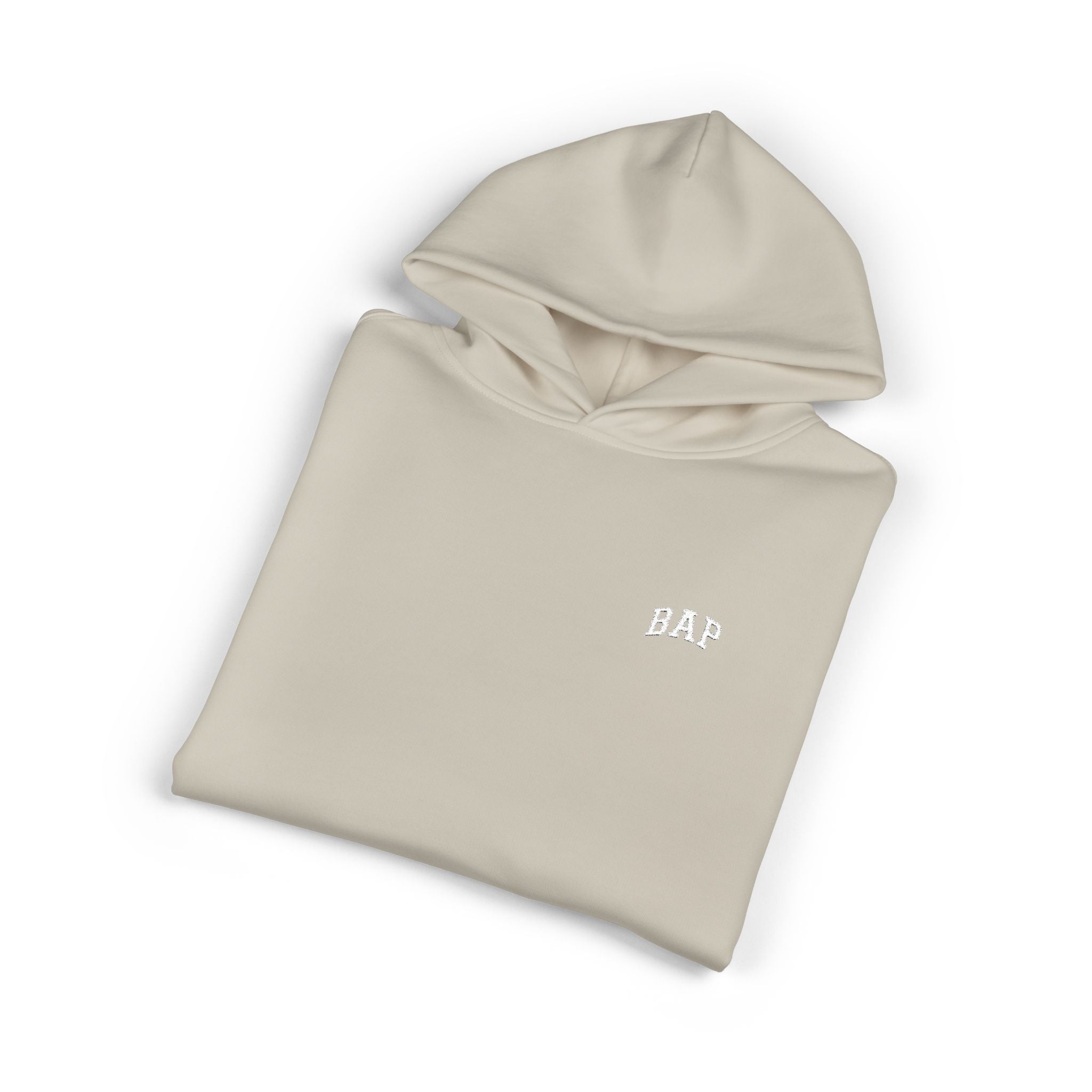 Minimal White "BAP" Relaxed Hoodie — Small Chest Logo Casual Pullover