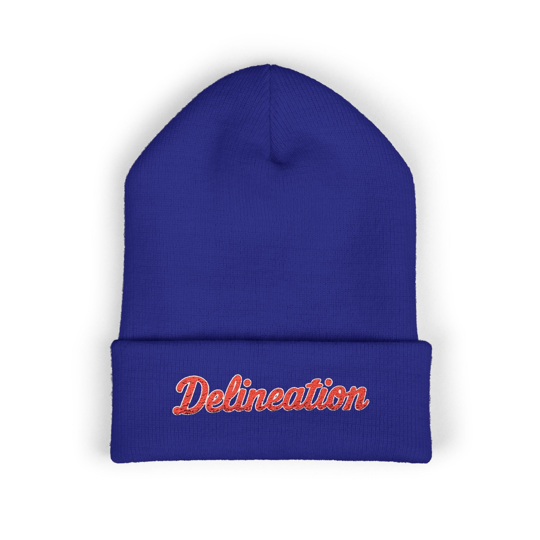 Delineation Embroidered Cuffed Beanie — Retro Script Knit Hat