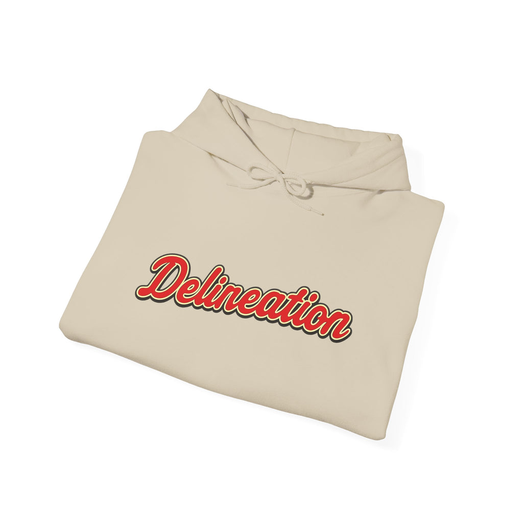 Delirеation Script Hoodie — Retro Red Cursive Graphic Hooded Sweatshirt