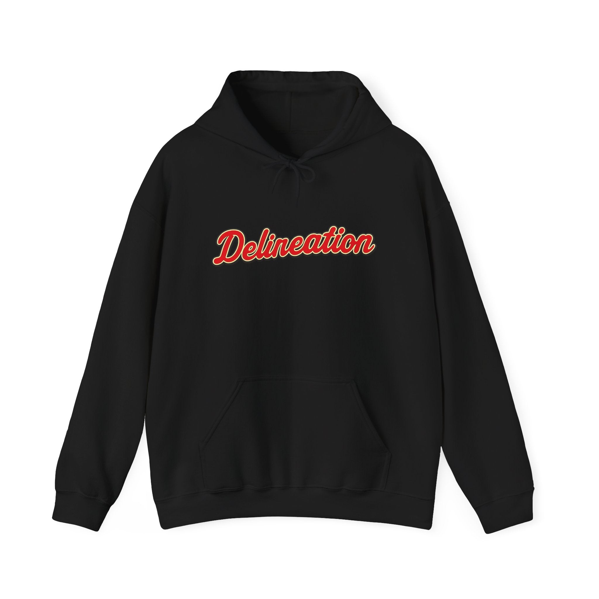 Delirеation Script Hoodie — Retro Red Cursive Graphic Hooded Sweatshirt