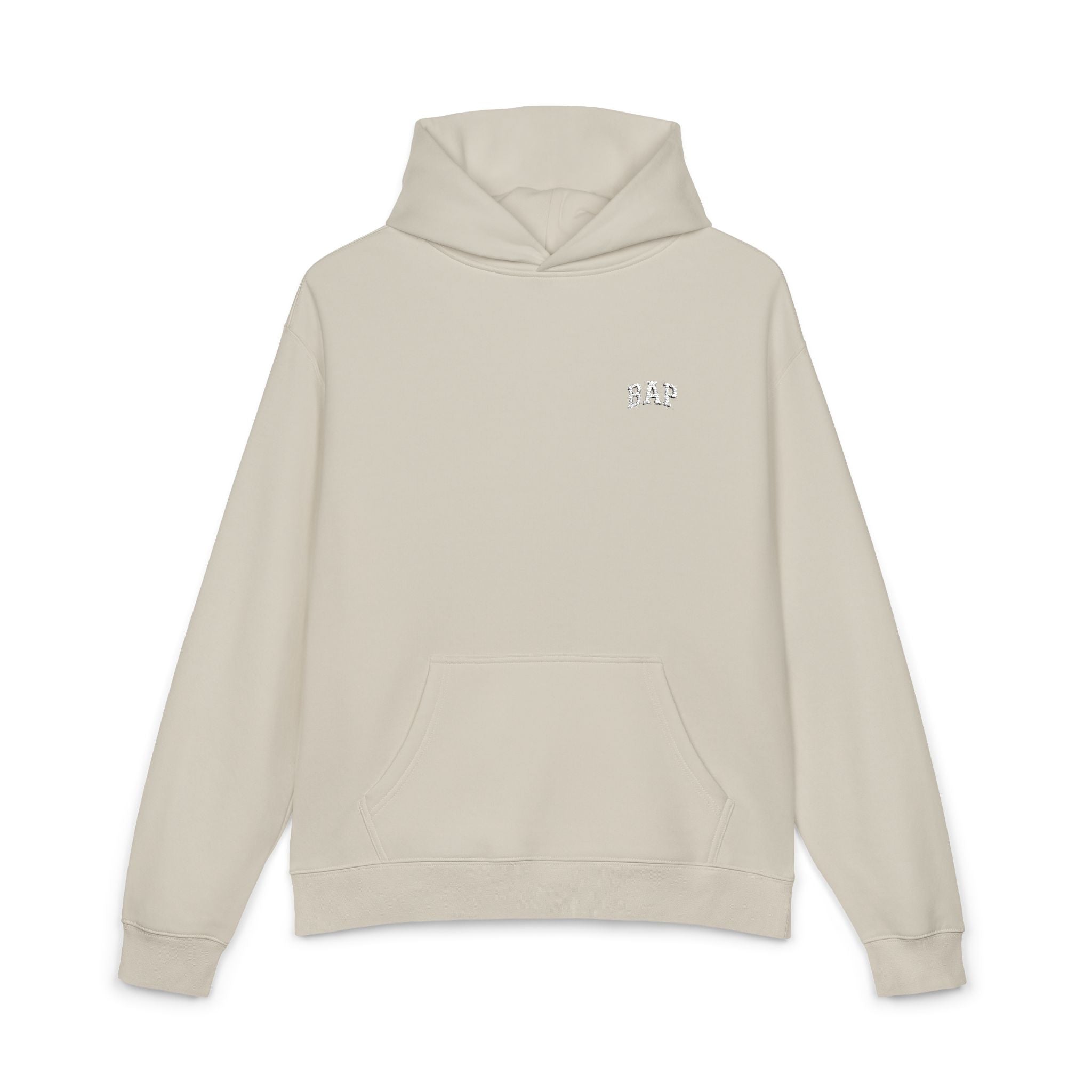 Minimal White "BAP" Relaxed Hoodie — Small Chest Logo Casual Pullover