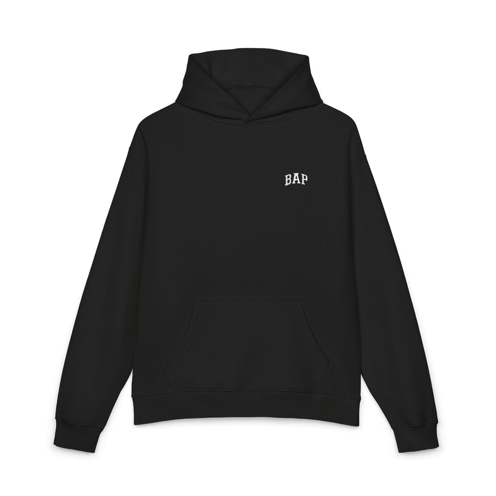 Minimal White "BAP" Relaxed Hoodie — Small Chest Logo Casual Pullover