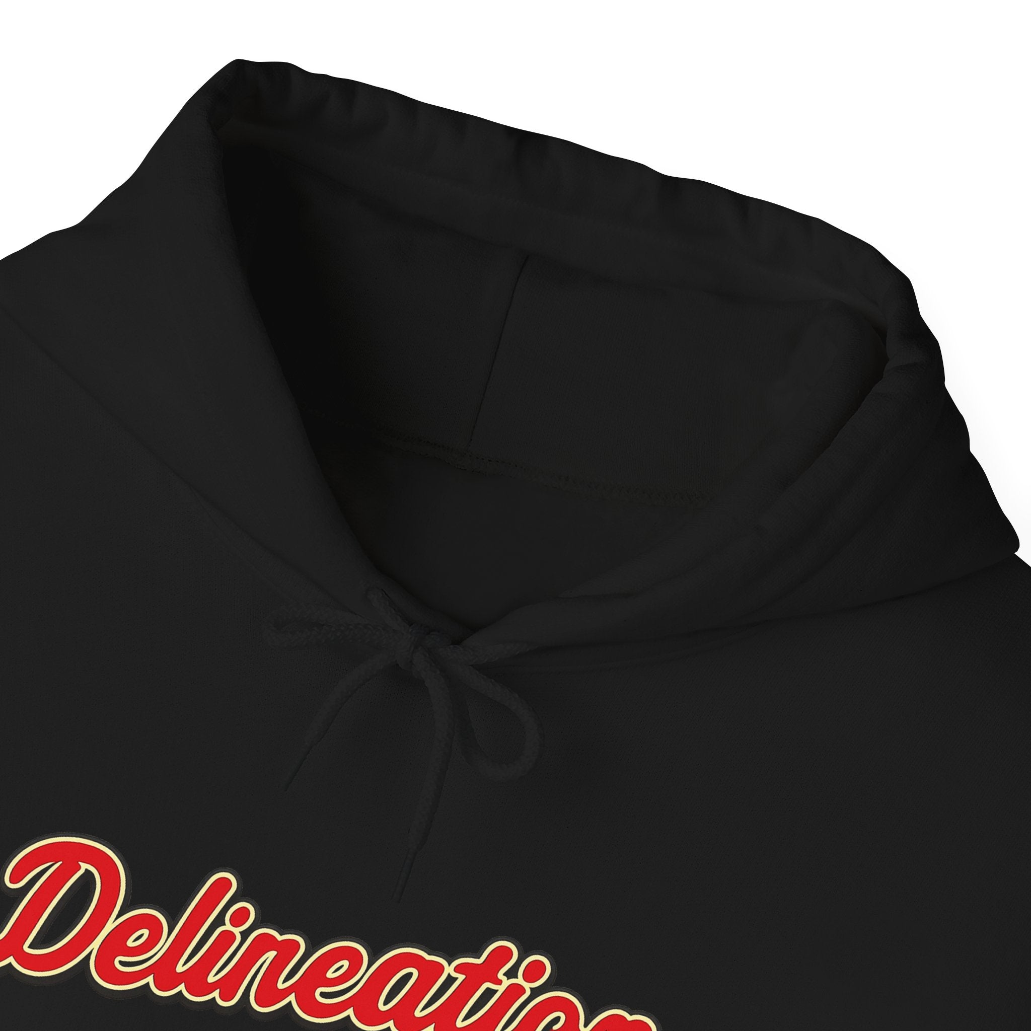Delirеation Script Hoodie — Retro Red Cursive Graphic Hooded Sweatshirt