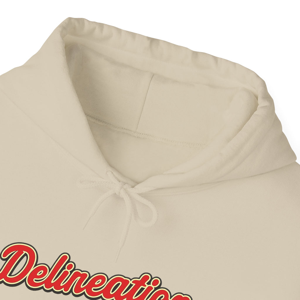 Delirеation Script Hoodie — Retro Red Cursive Graphic Hooded Sweatshirt
