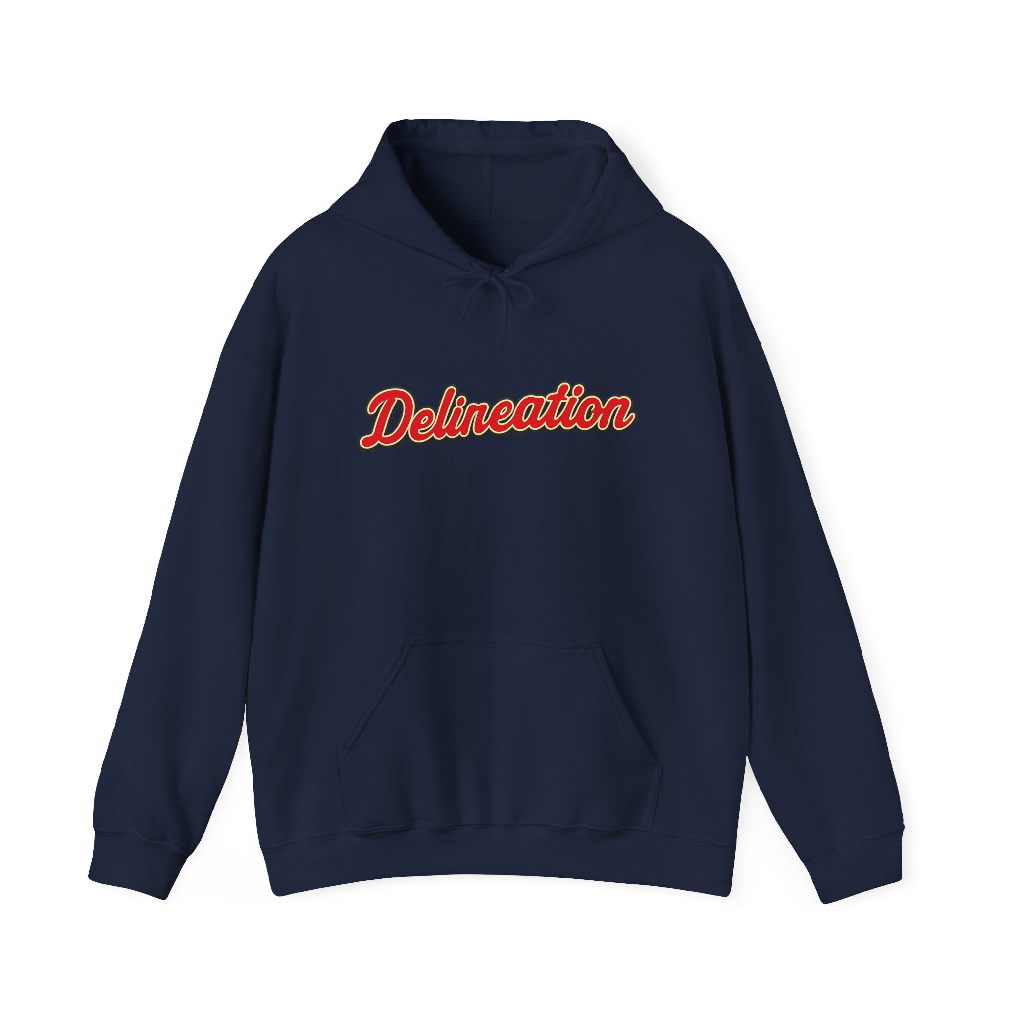 Delirеation Script Hoodie — Retro Red Cursive Graphic Hooded Sweatshirt