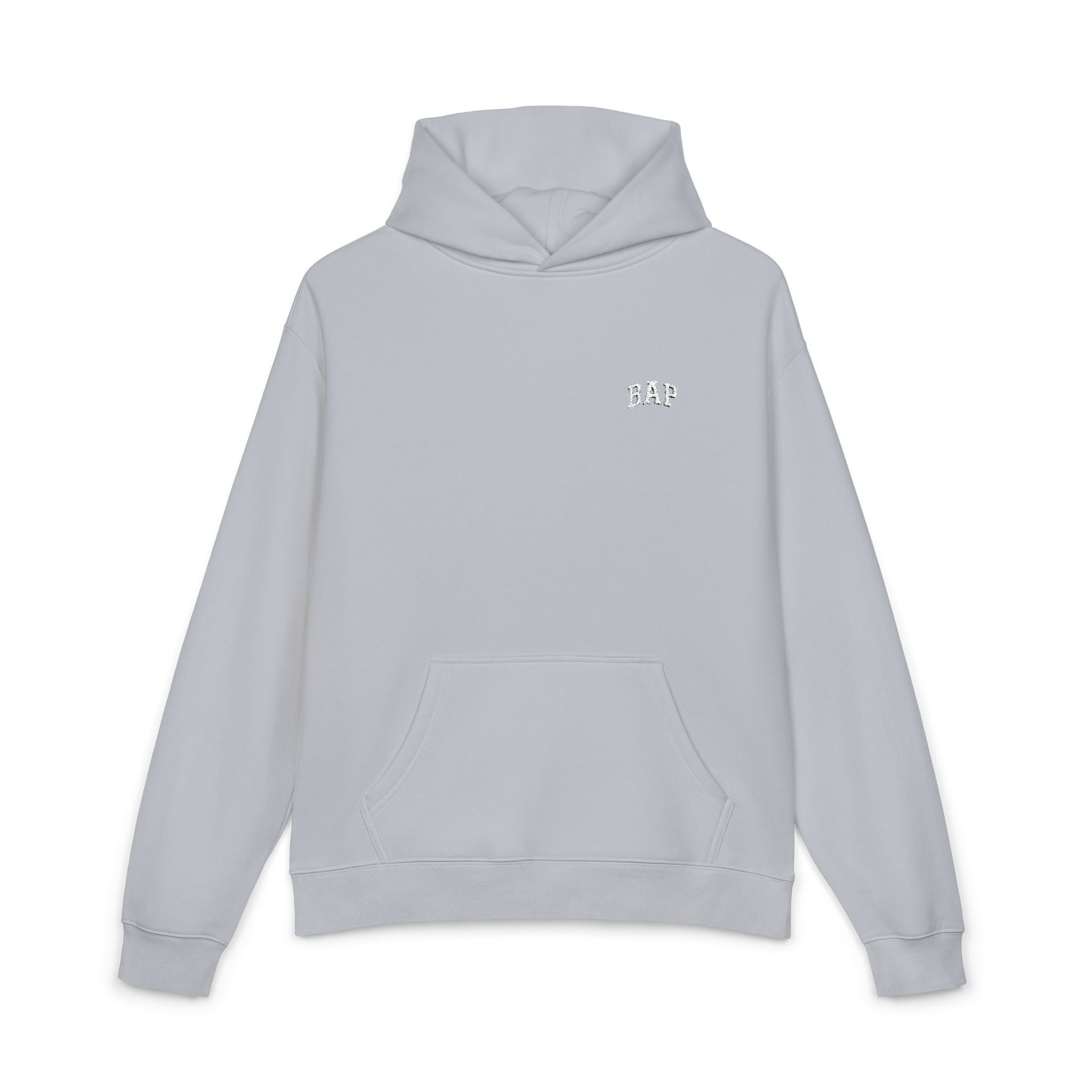 Minimal White "BAP" Relaxed Hoodie — Small Chest Logo Casual Pullover