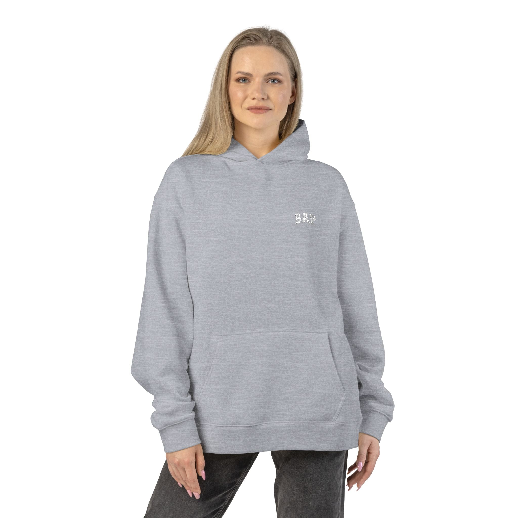 Minimal White "BAP" Relaxed Hoodie — Small Chest Logo Casual Pullover