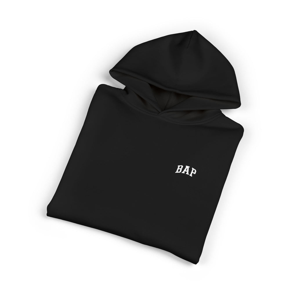 Minimal White "BAP" Relaxed Hoodie — Small Chest Logo Casual Pullover