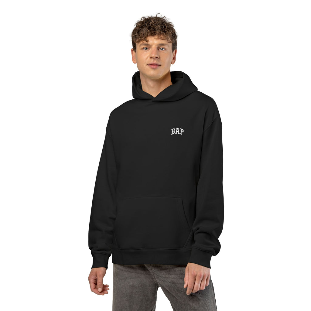 Minimal White "BAP" Relaxed Hoodie — Small Chest Logo Casual Pullover