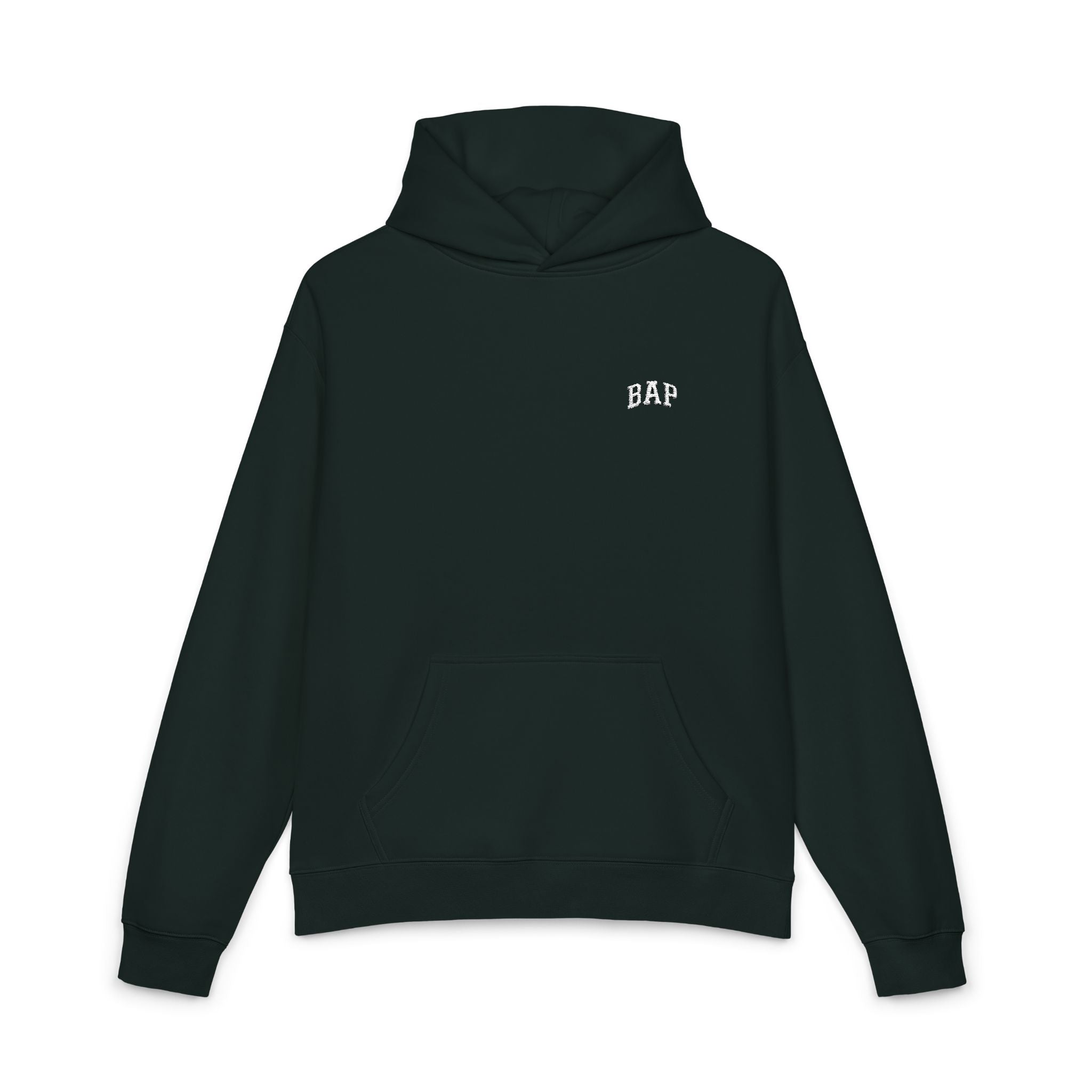 Minimal White "BAP" Relaxed Hoodie — Small Chest Logo Casual Pullover