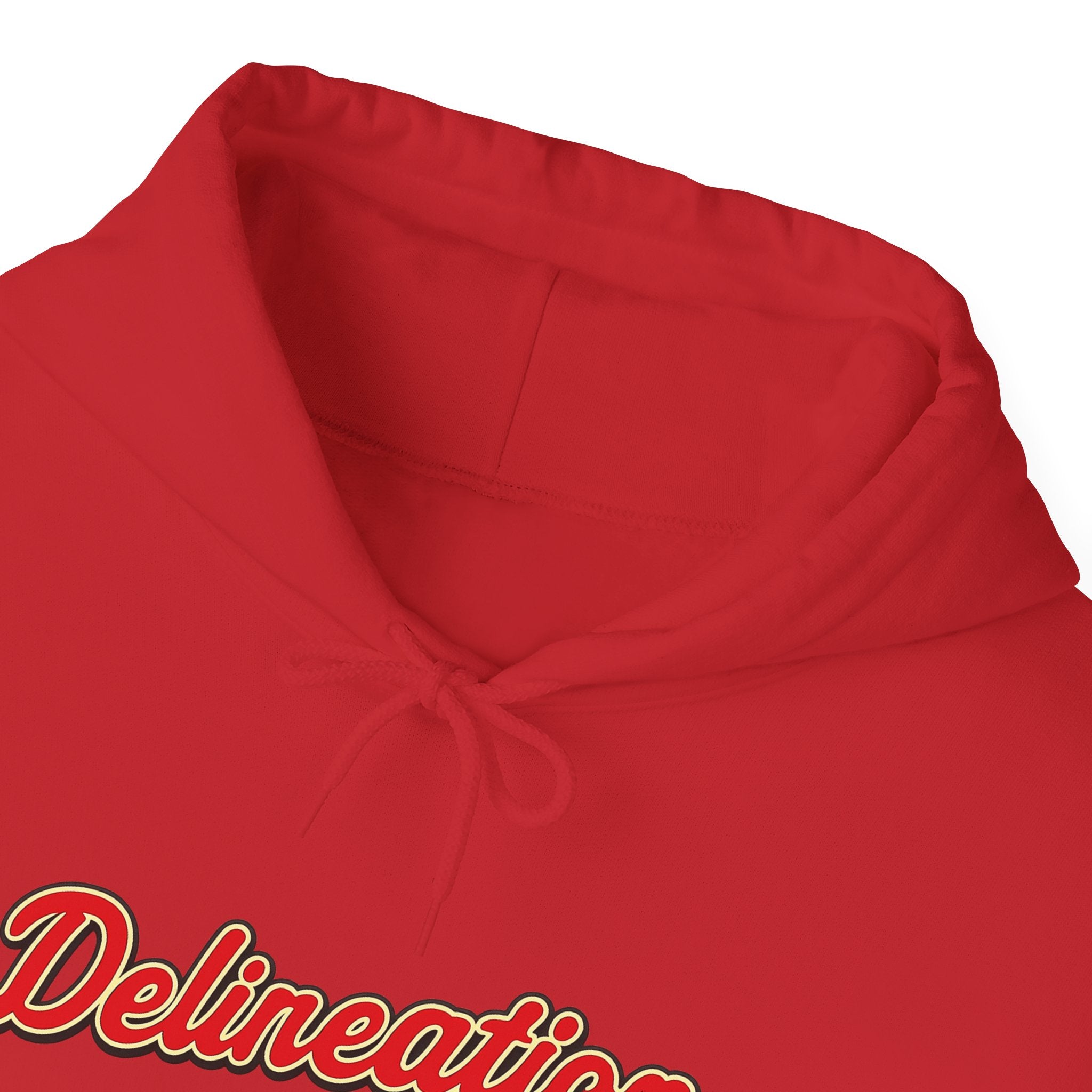 Delirеation Script Hoodie — Retro Red Cursive Graphic Hooded Sweatshirt