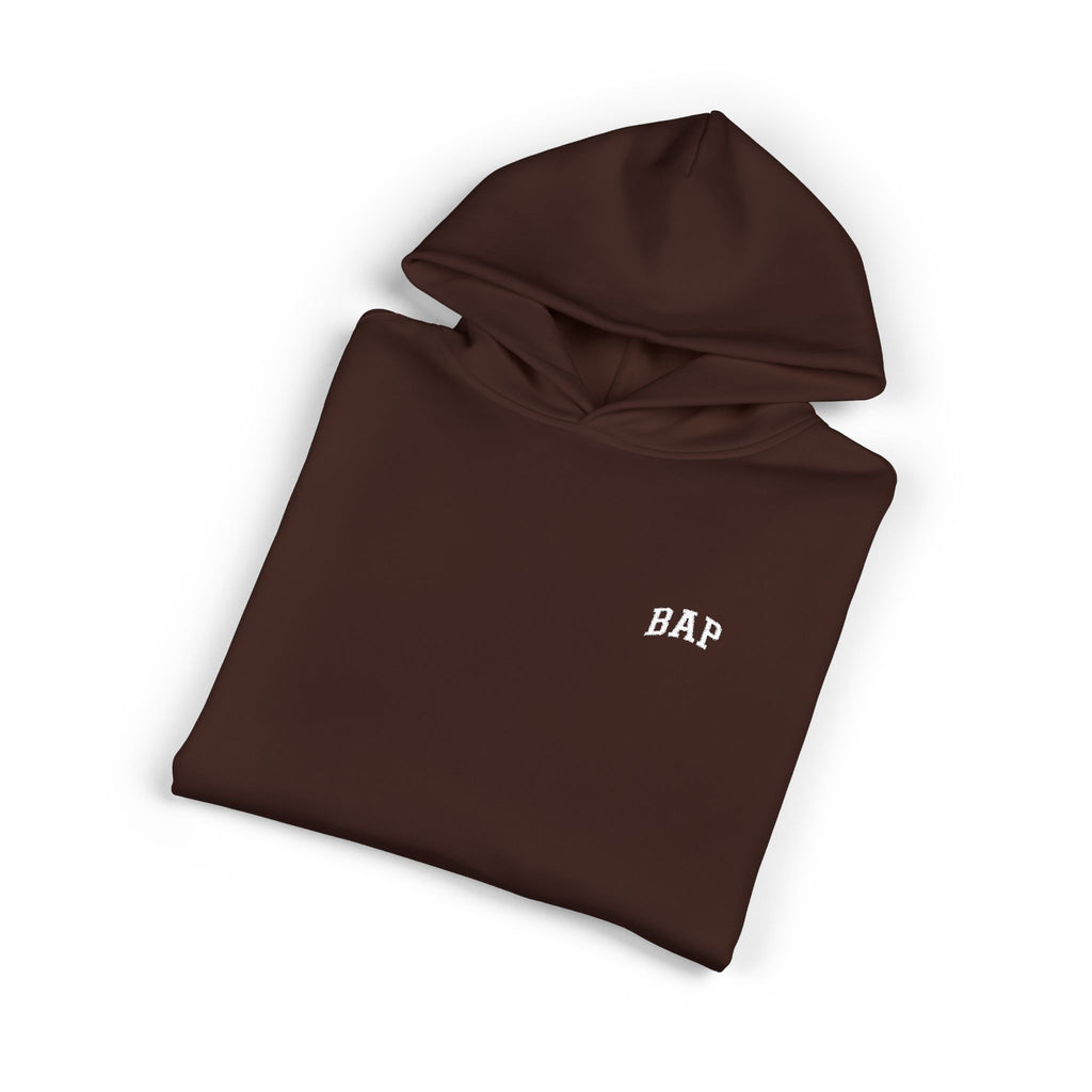 Minimal White "BAP" Relaxed Hoodie — Small Chest Logo Casual Pullover
