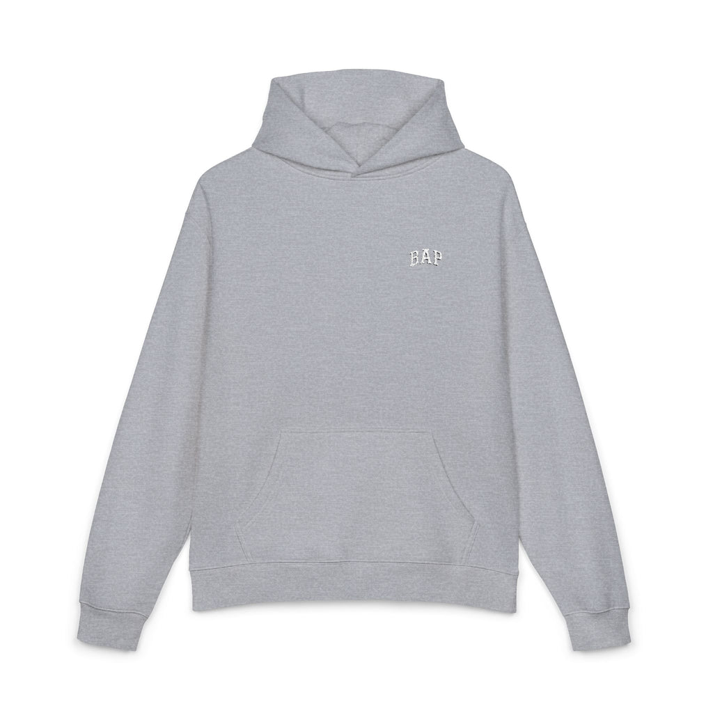 Minimal White "BAP" Relaxed Hoodie — Small Chest Logo Casual Pullover