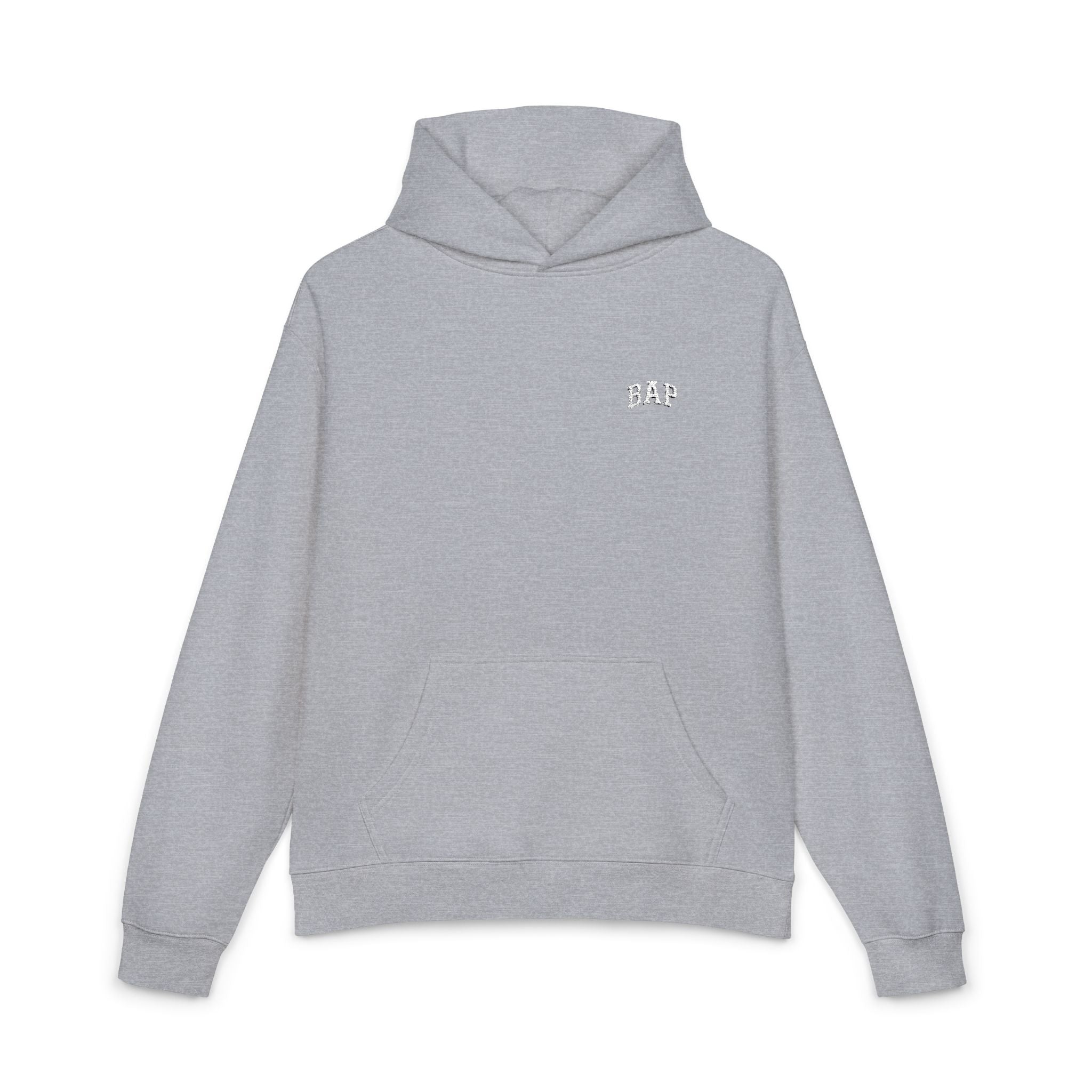 Minimal White "BAP" Relaxed Hoodie — Small Chest Logo Casual Pullover