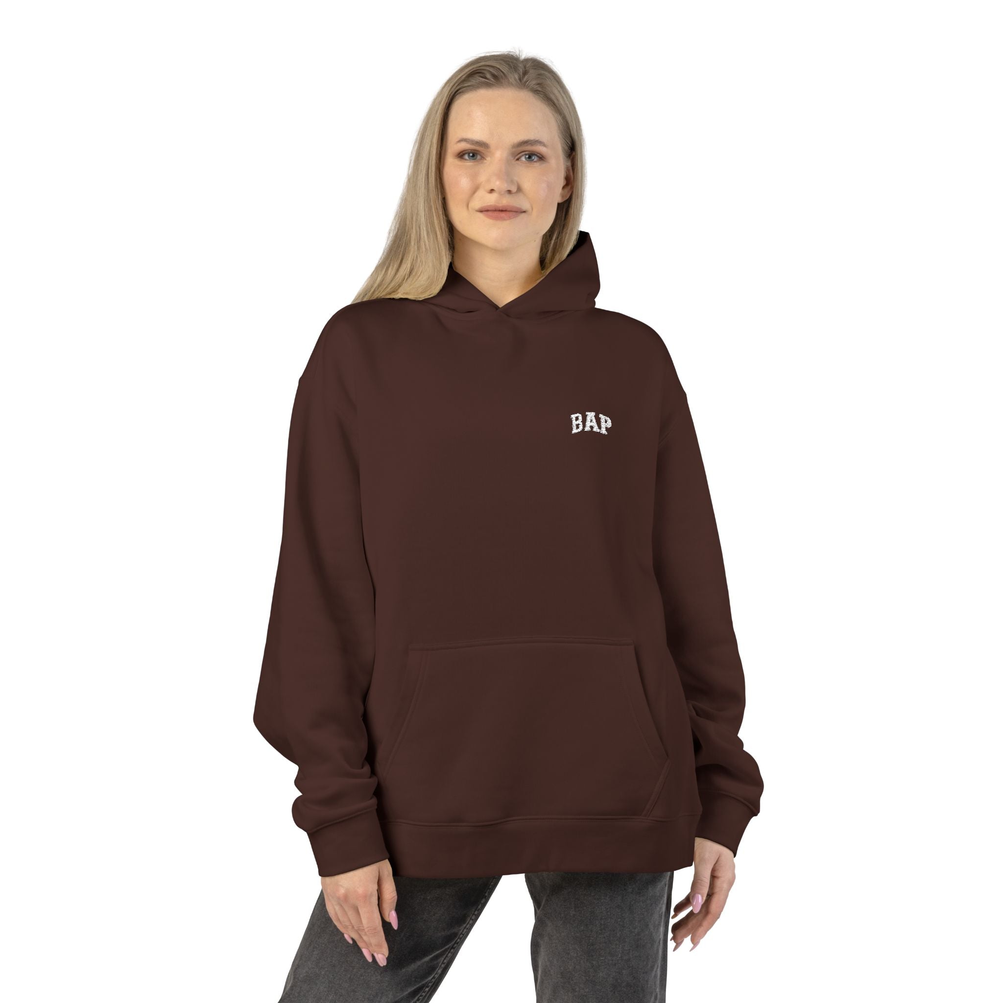 Minimal White "BAP" Relaxed Hoodie — Small Chest Logo Casual Pullover