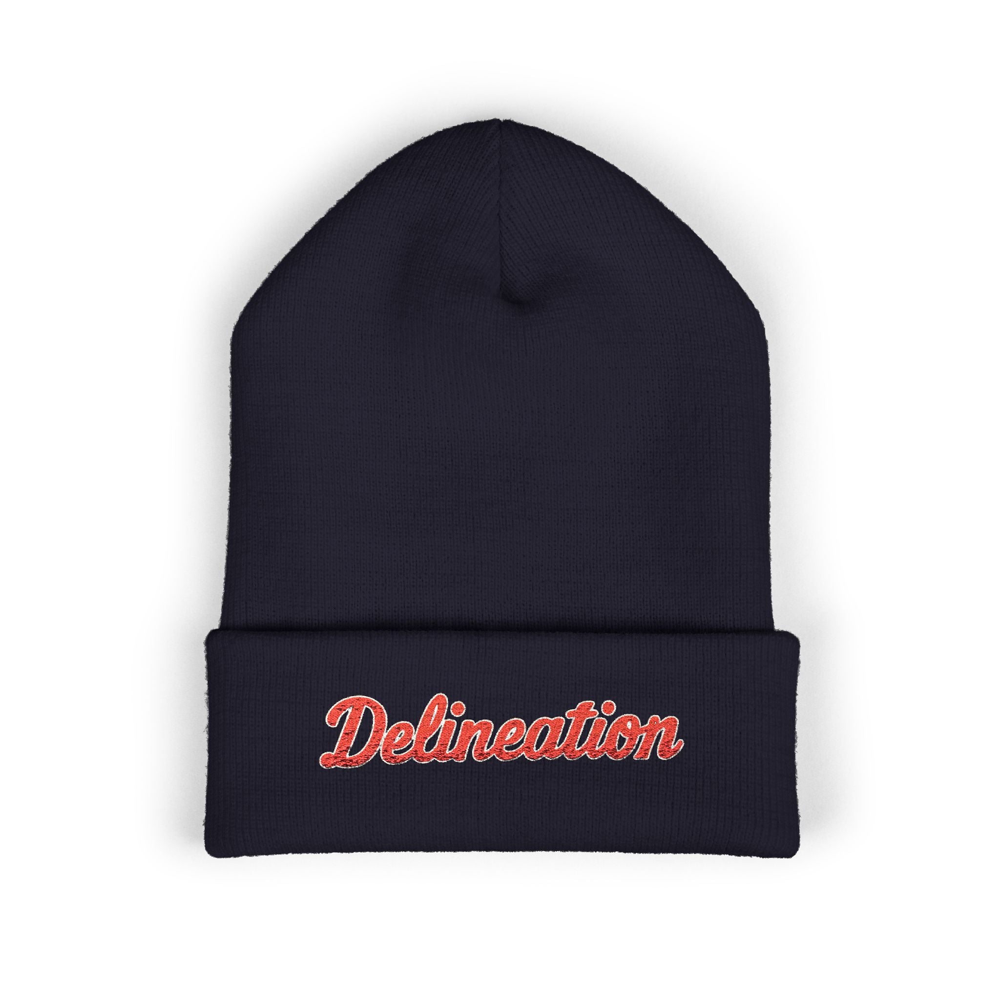 Delineation Embroidered Cuffed Beanie — Retro Script Knit Hat