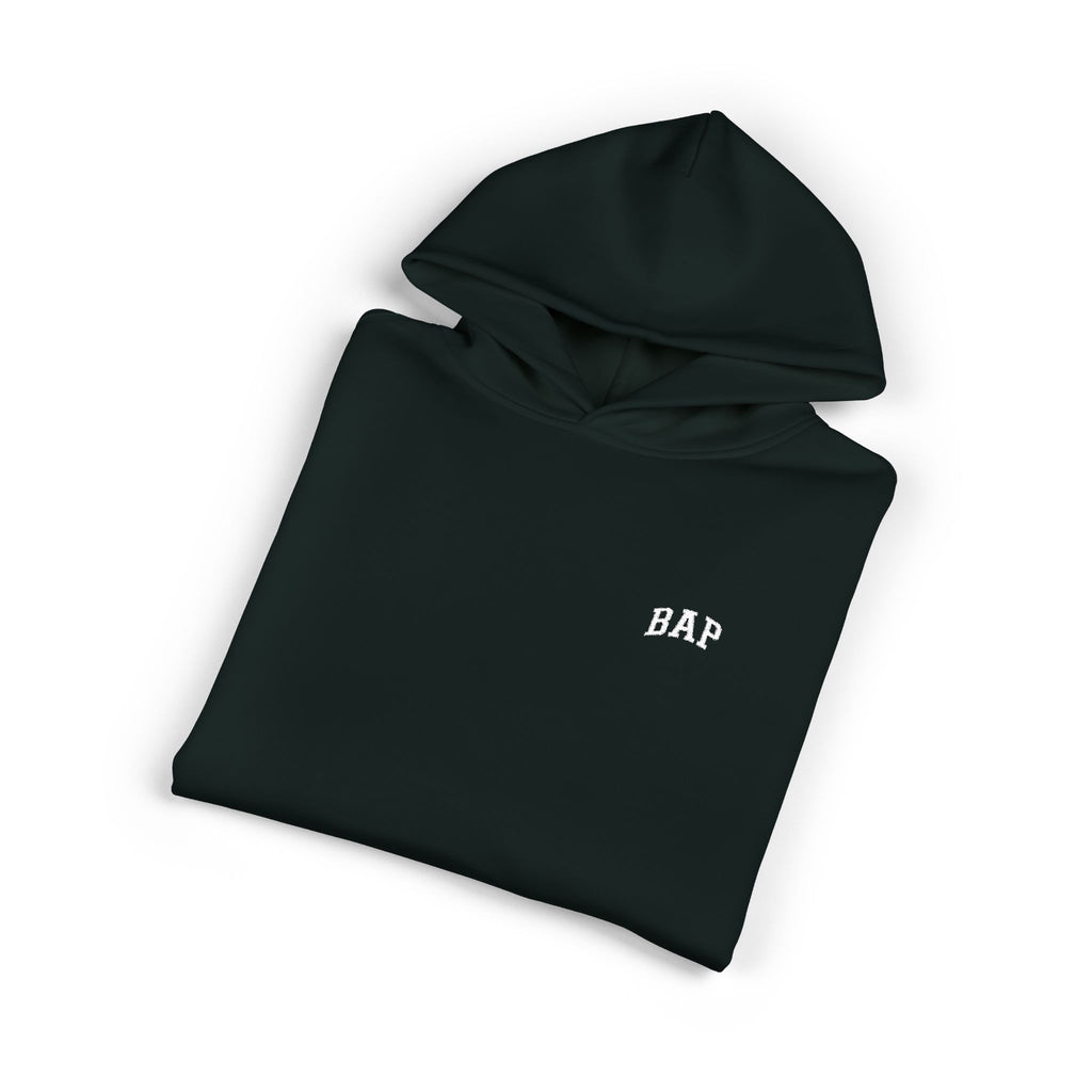 Minimal White "BAP" Relaxed Hoodie — Small Chest Logo Casual Pullover