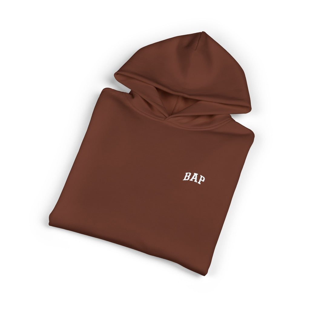 Minimal White "BAP" Relaxed Hoodie — Small Chest Logo Casual Pullover