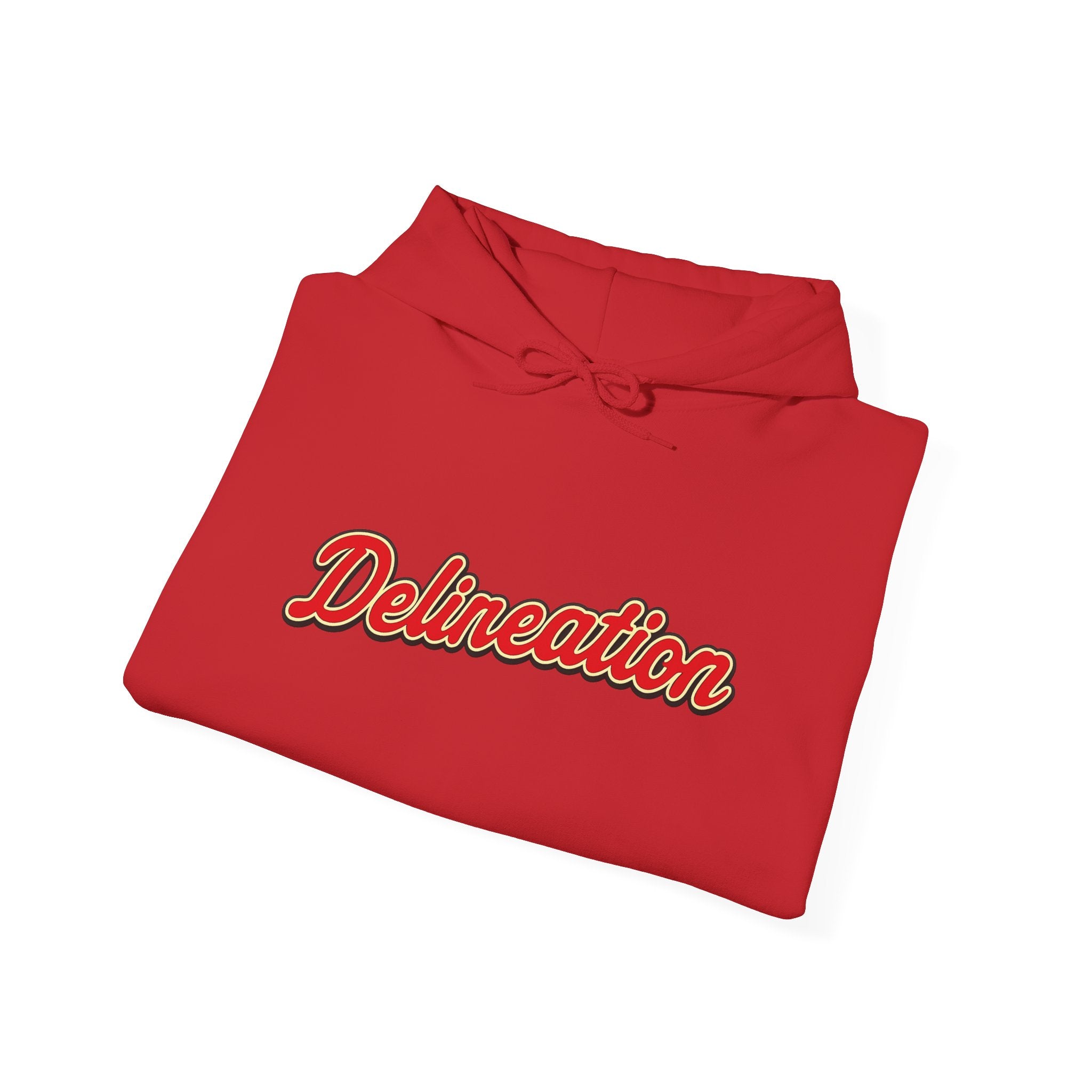 Delirеation Script Hoodie — Retro Red Cursive Graphic Hooded Sweatshirt