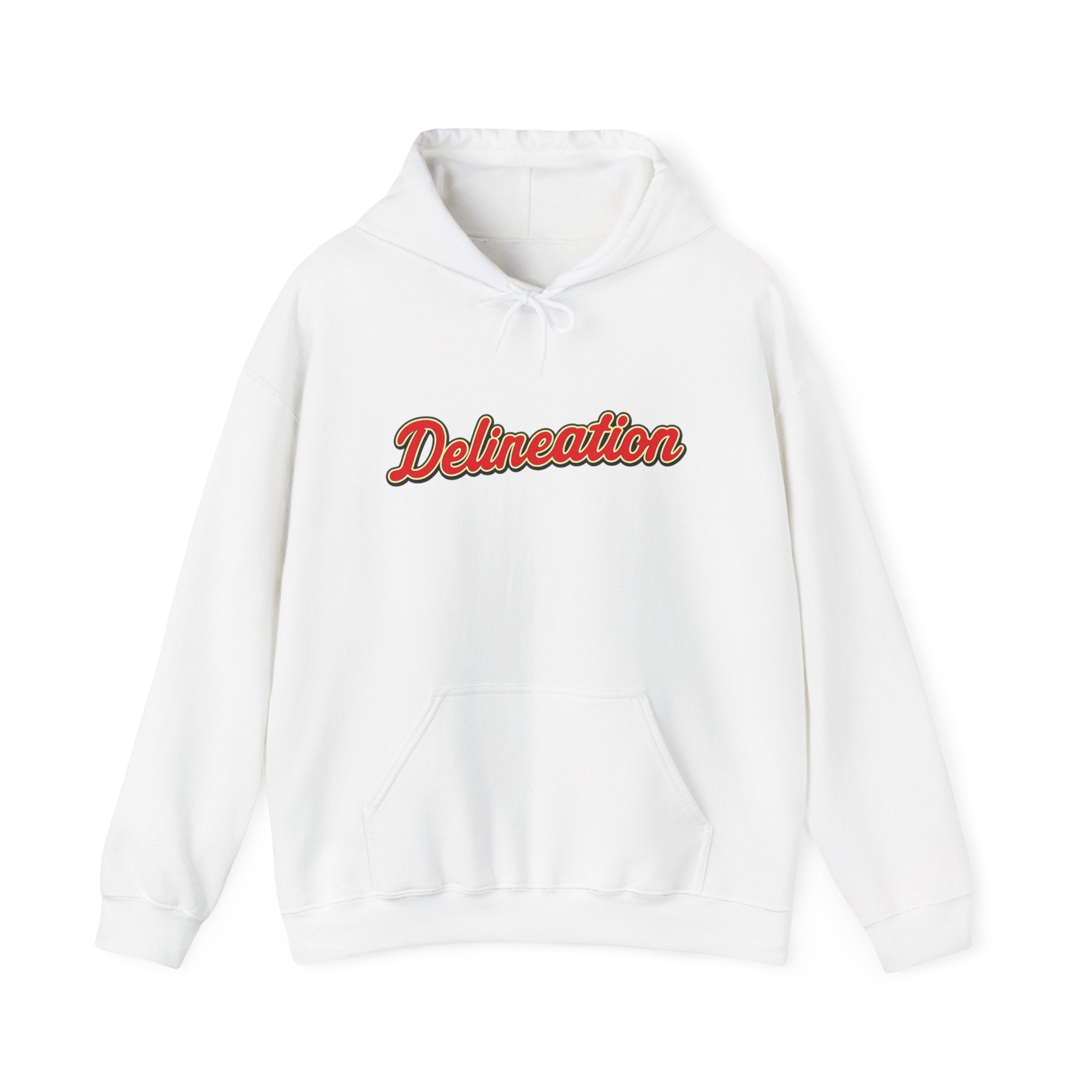 Delirеation Script Hoodie — Retro Red Cursive Graphic Hooded Sweatshirt