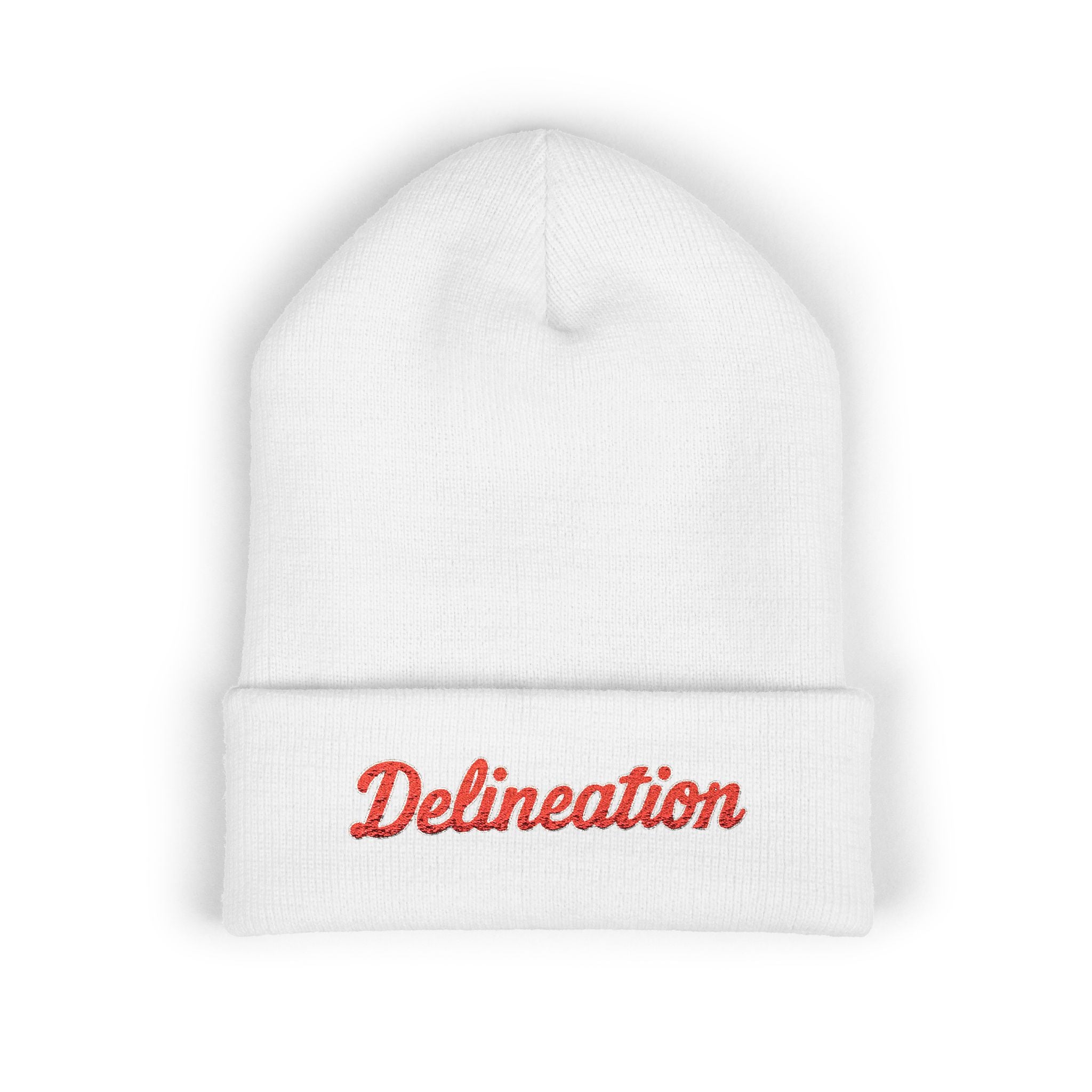 Delineation Embroidered Cuffed Beanie — Retro Script Knit Hat