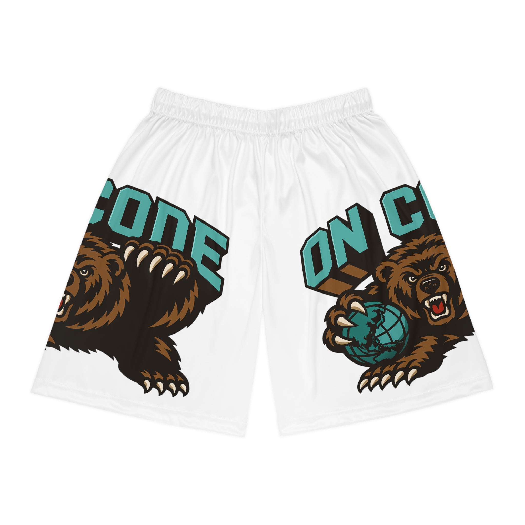 Basketball Shorts - 'On Come' Bear Basketball Graphic All-Over Print