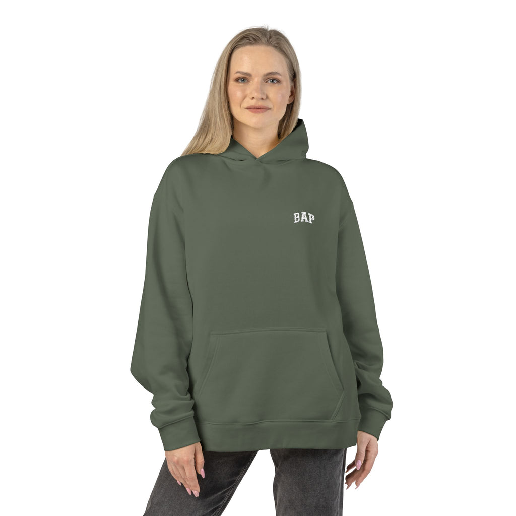 Minimal White "BAP" Relaxed Hoodie — Small Chest Logo Casual Pullover