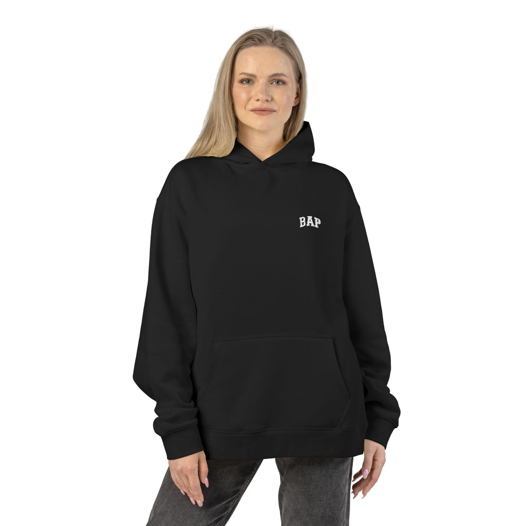 Minimal White "BAP" Relaxed Hoodie — Small Chest Logo Casual Pullover