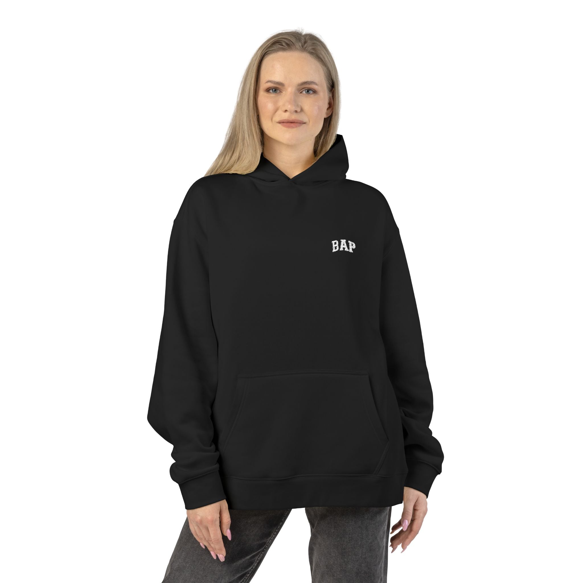 Minimal White "BAP" Relaxed Hoodie — Small Chest Logo Casual Pullover