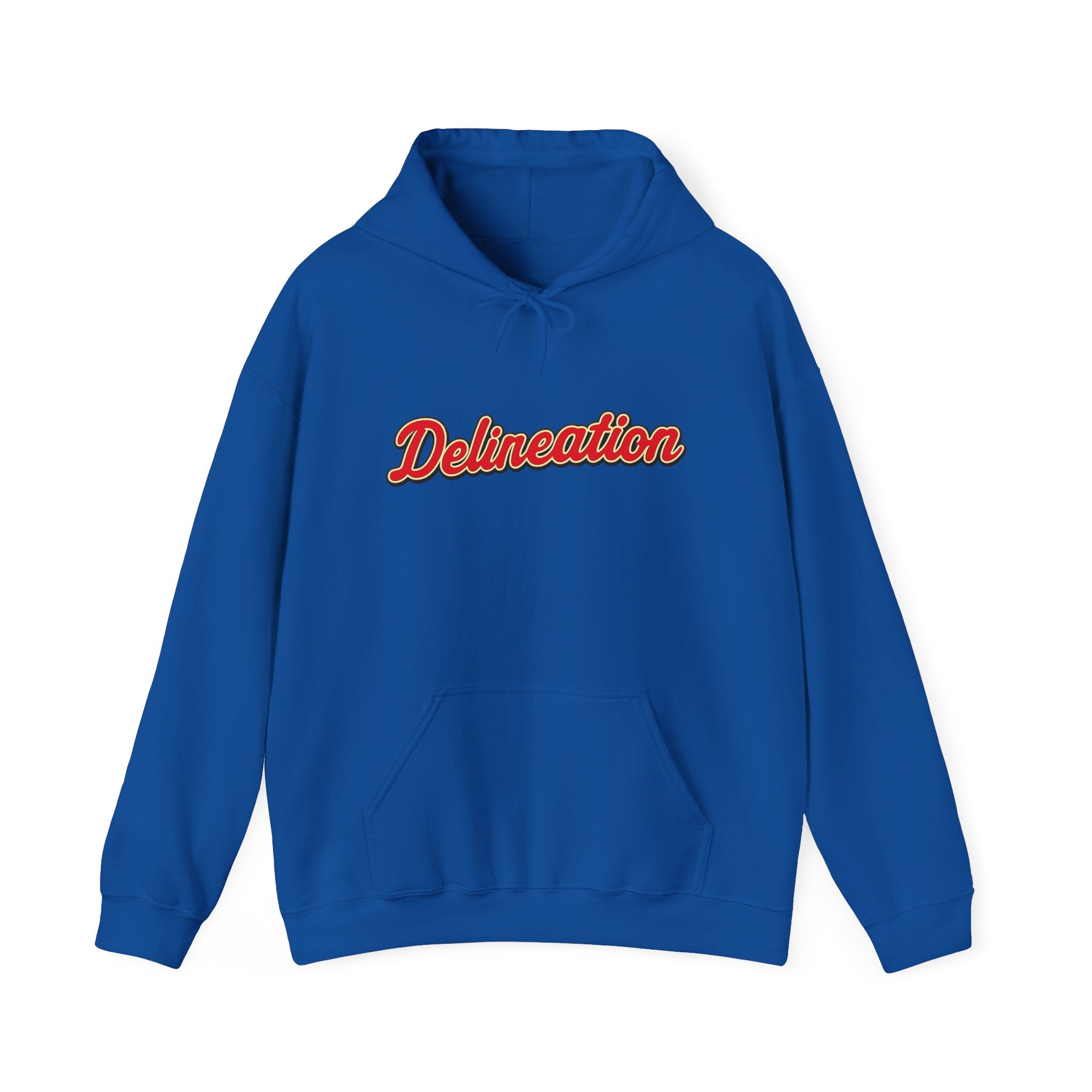 Delirеation Script Hoodie — Retro Red Cursive Graphic Hooded Sweatshirt