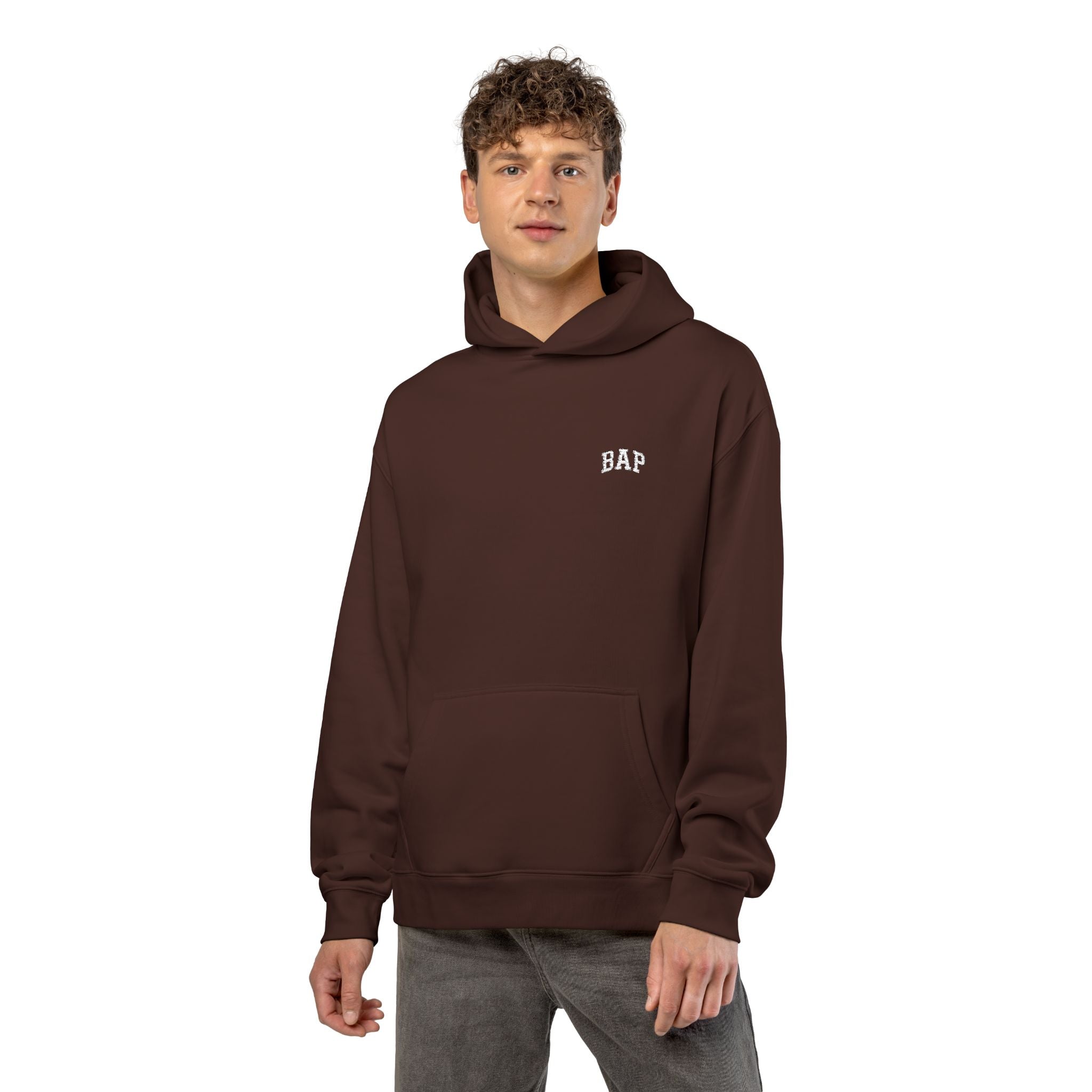 Minimal White "BAP" Relaxed Hoodie — Small Chest Logo Casual Pullover
