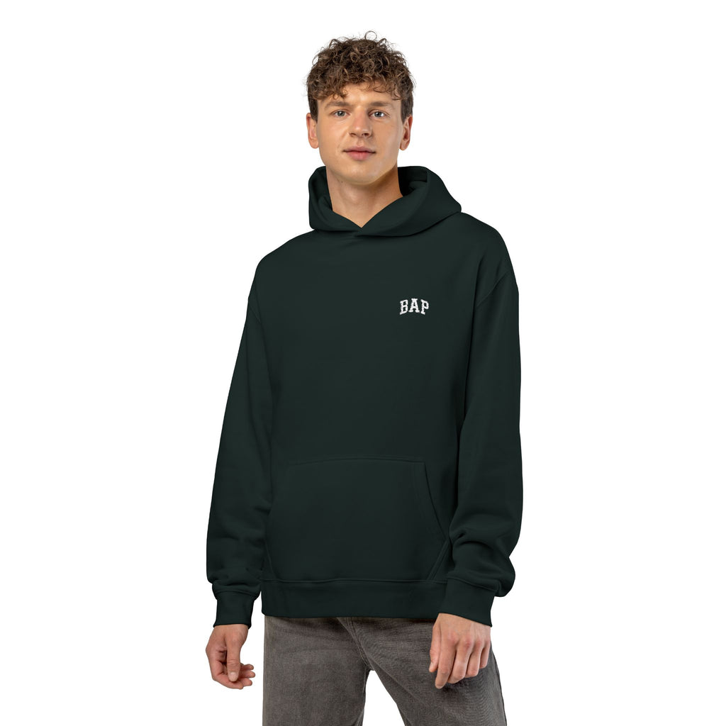 Minimal White "BAP" Relaxed Hoodie — Small Chest Logo Casual Pullover