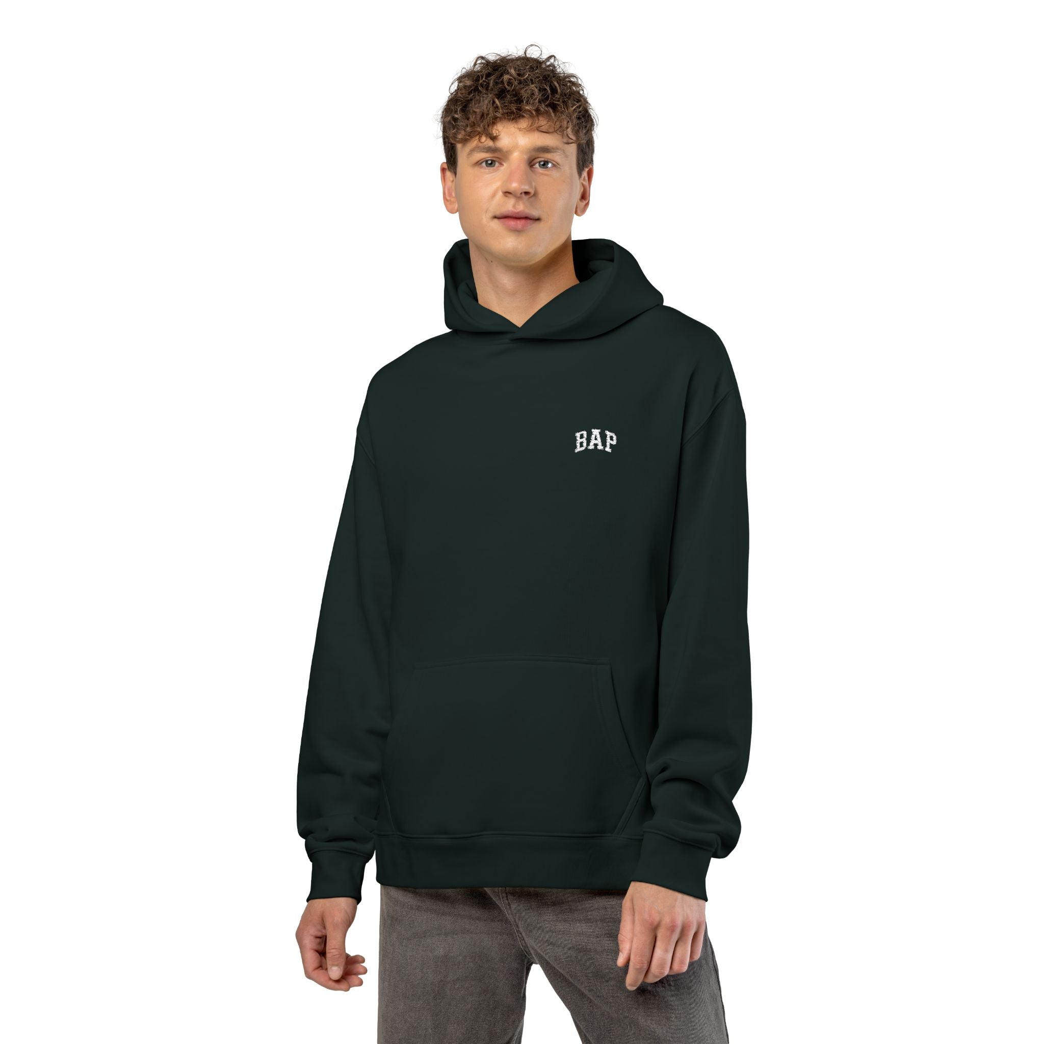 Minimal White "BAP" Relaxed Hoodie — Small Chest Logo Casual Pullover