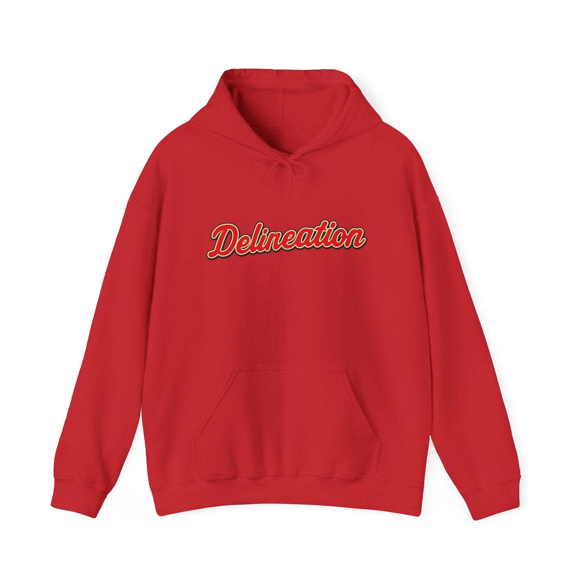 Delirеation Script Hoodie — Retro Red Cursive Graphic Hooded Sweatshirt