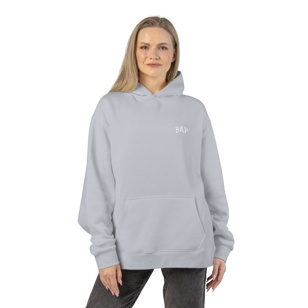 Minimal White "BAP" Relaxed Hoodie — Small Chest Logo Casual Pullover