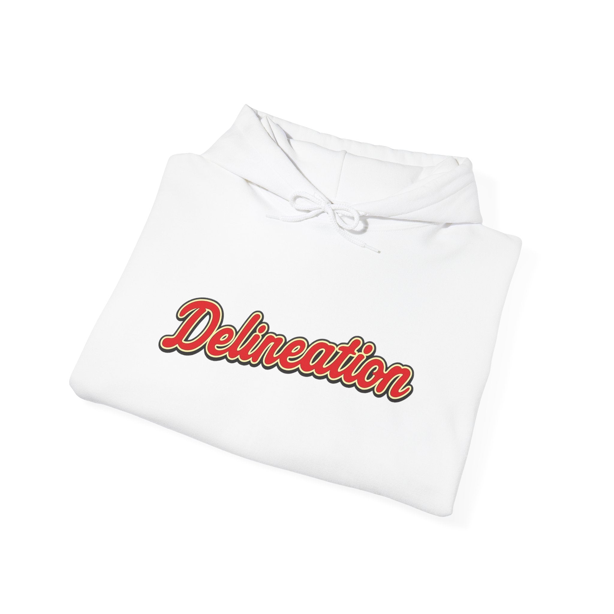 Delirеation Script Hoodie — Retro Red Cursive Graphic Hooded Sweatshirt