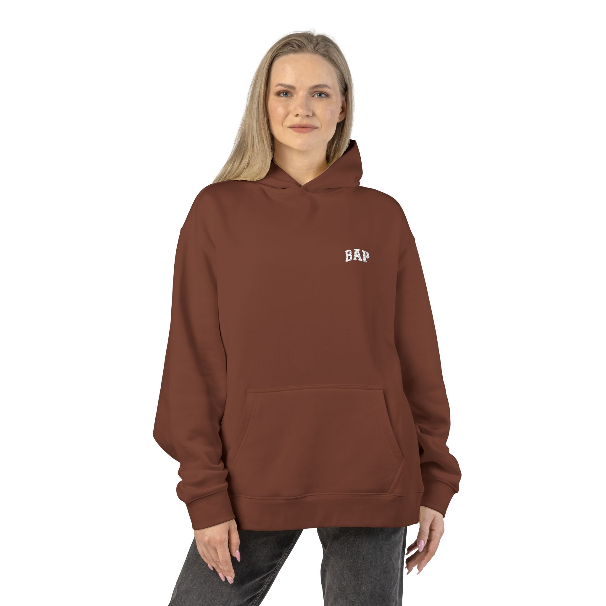 Minimal White "BAP" Relaxed Hoodie — Small Chest Logo Casual Pullover