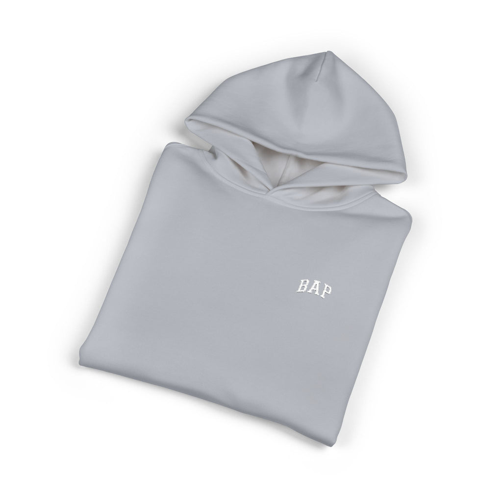 Minimal White "BAP" Relaxed Hoodie — Small Chest Logo Casual Pullover