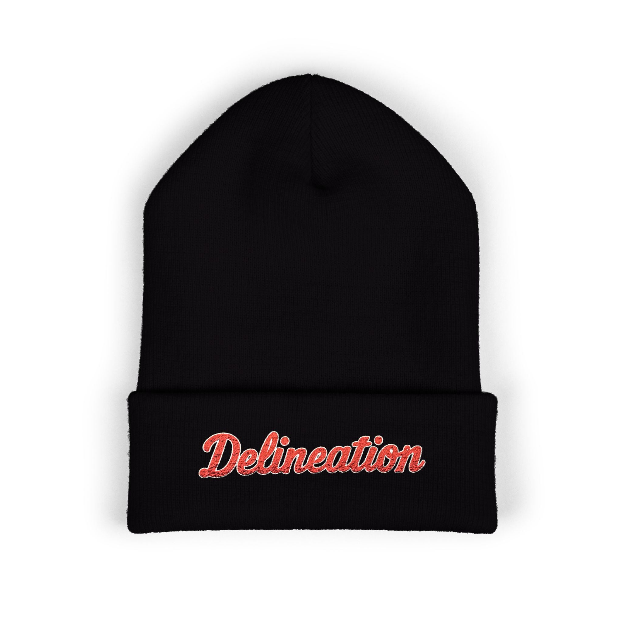 Delineation Embroidered Cuffed Beanie — Retro Script Knit Hat