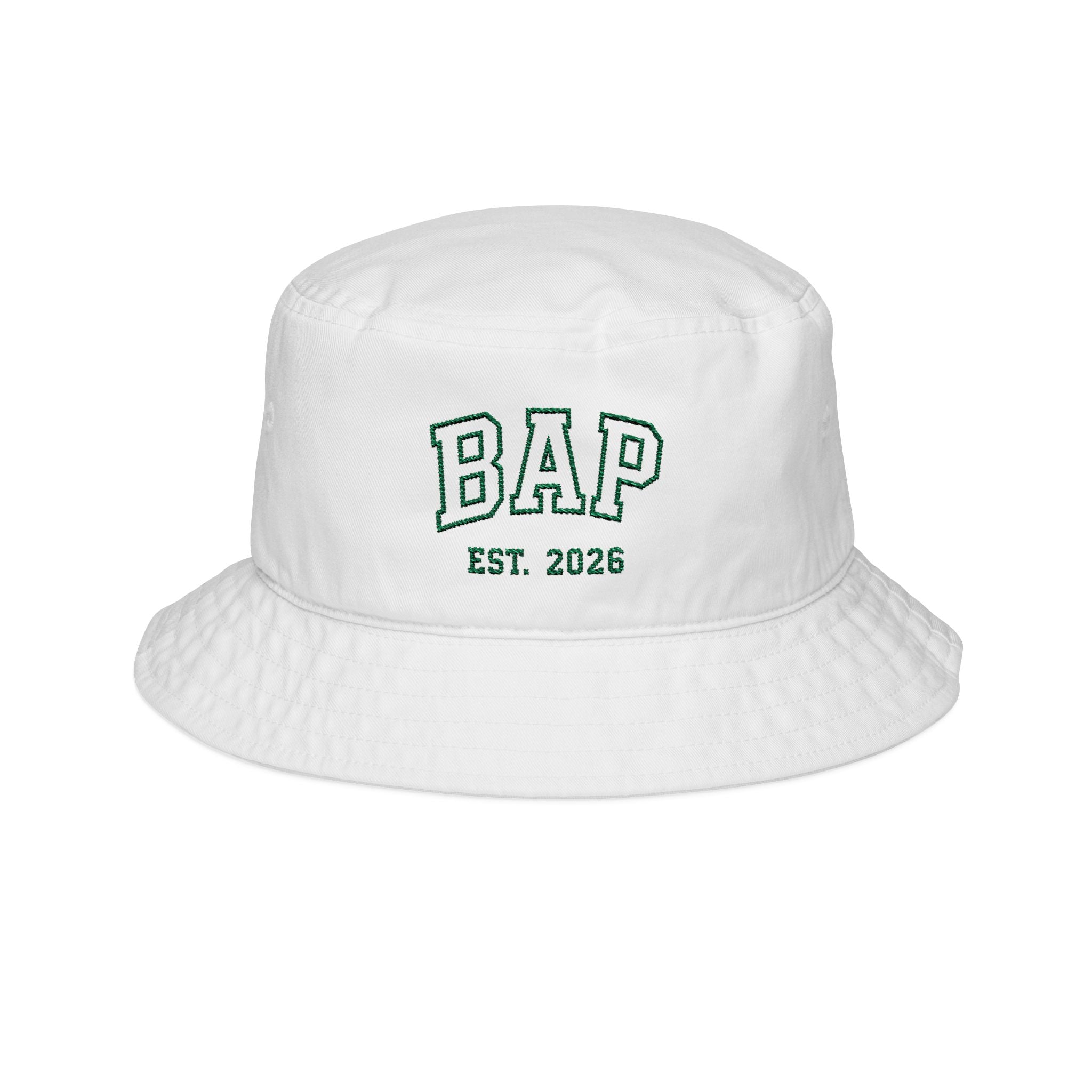 Embroidered 'BAP EST. 2026' Bucket Hat — Casual Retro College Logo Hat