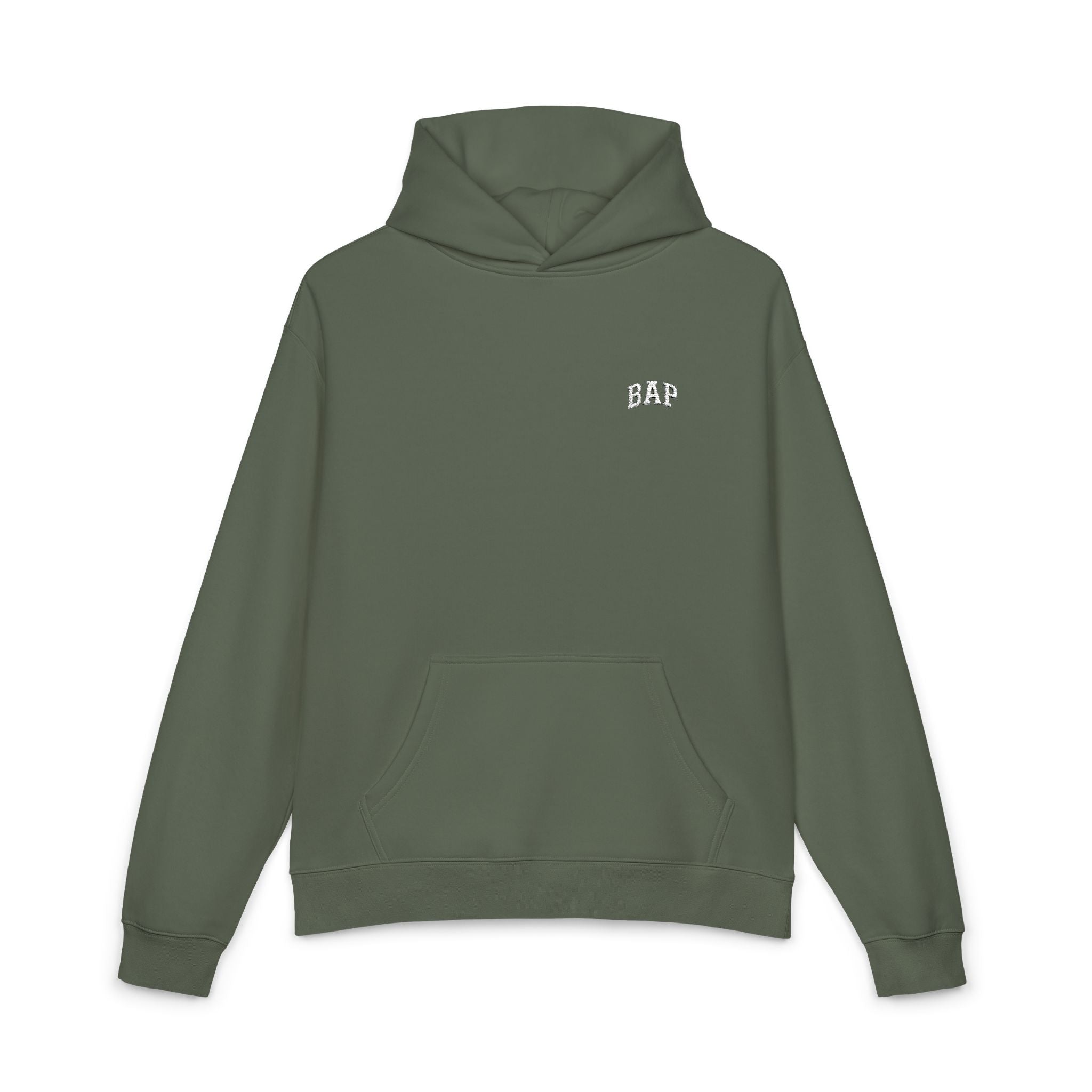 Minimal White "BAP" Relaxed Hoodie — Small Chest Logo Casual Pullover